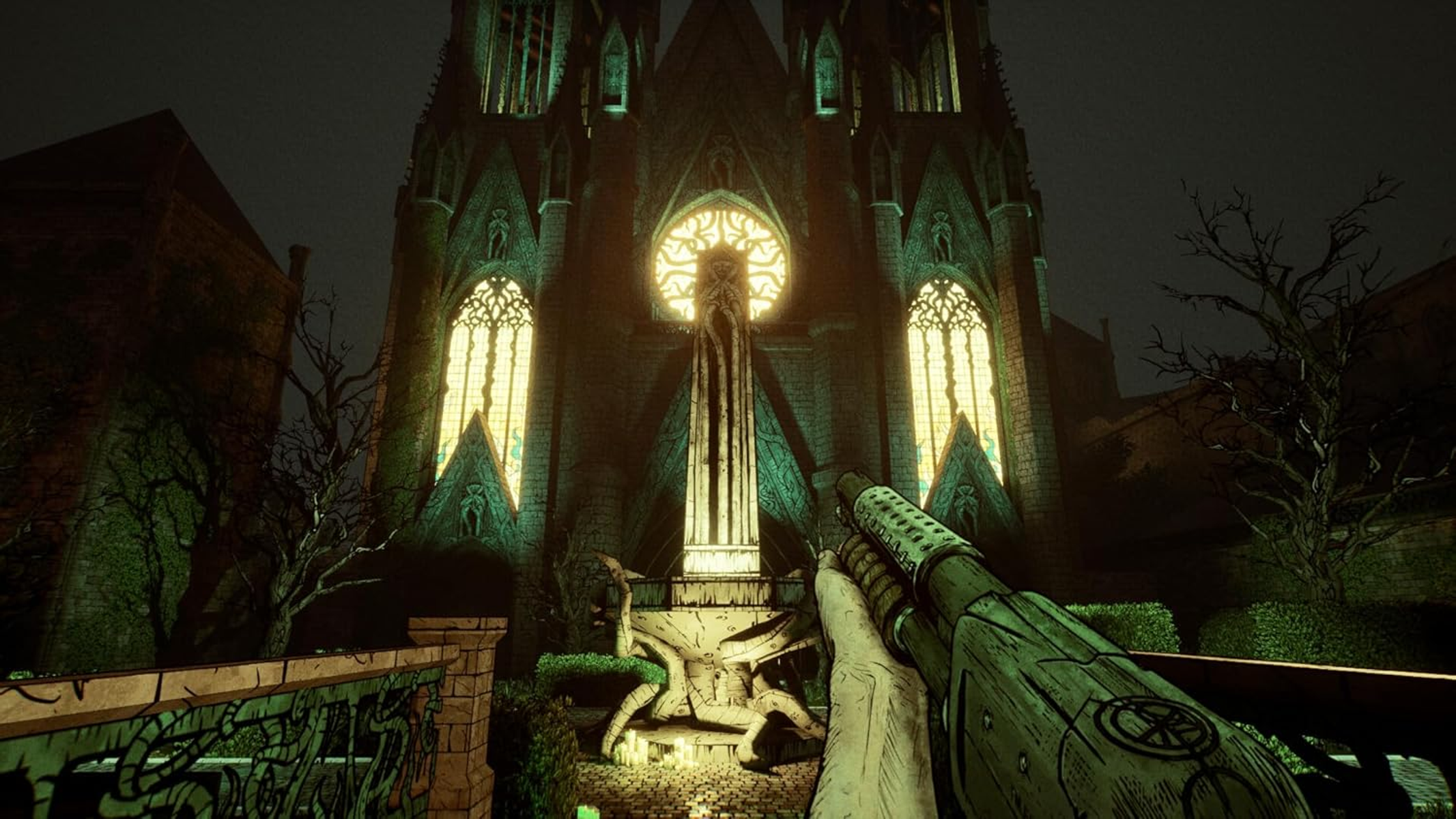 Una persona impugna un'arma puntata verso una cattedrale. La scena è oscura con una vetrata illuminata. Alberi e un ponte sono visibili.