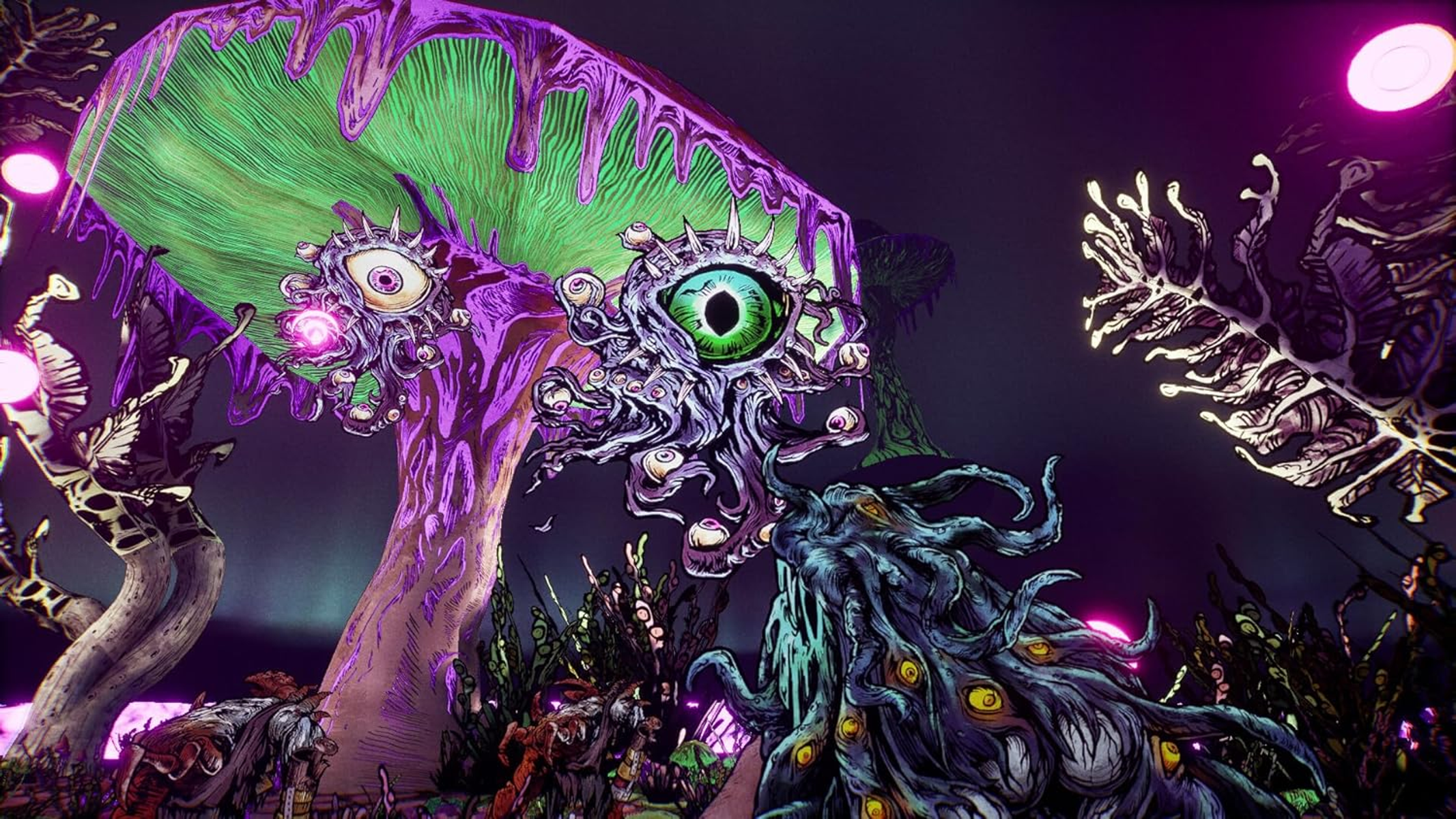 Scena fantasy con funghi giganti e creature simili a occhi. Schema di colori viola e verde. Mostro tentacolare in primo piano.