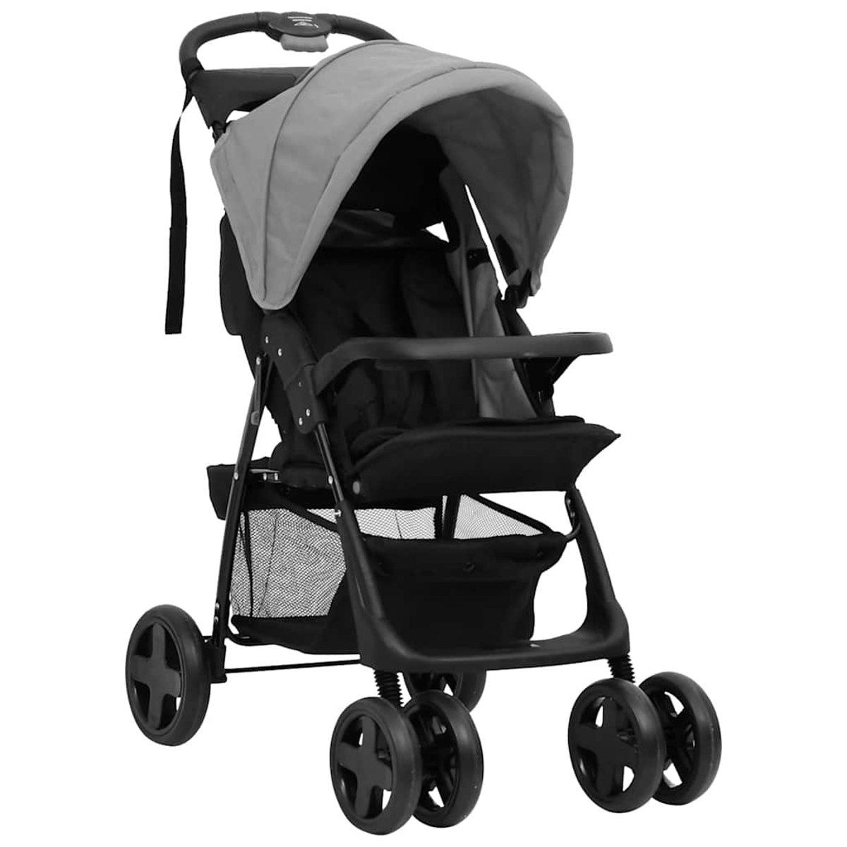 Ein grauer und schwarzer Kinderwagen. Er hat ein Verdeck, einen Sitz und vier Radsätze. Es gibt auch einen Aufbewahrungskorb.