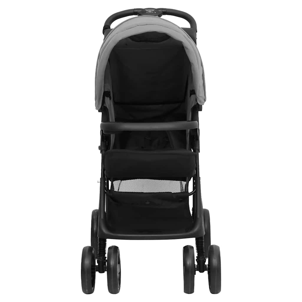 Ein schwarz-grauer Kinderwagen ist zentriert. Er hat ein Verdeck, einen Sitz, einen Aufbewahrungskorb und vier Räder. Griff oben.