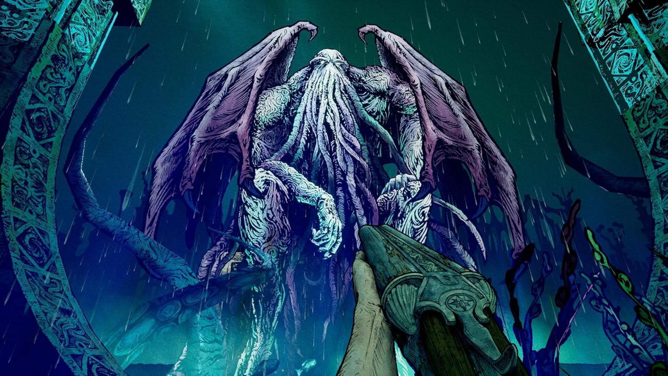 Creatura simile a Cthulhu con ali e tentacoli sotto la pioggia, una mano tiene un'arma in primo piano.
