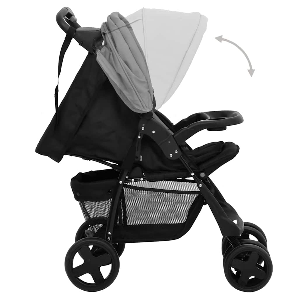 Ein schwarzer Kinderwagen mit grauem Verdeck wird von der Seite gezeigt. Das Verdeck ist teilweise geöffnet. Unten befindet sich ein Ablagekorb.