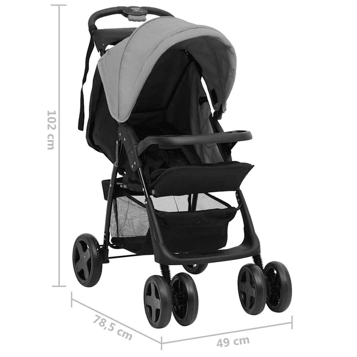 Ein schwarz-grauer Kinderwagen mit vier Rädern. Der Kinderwagen hat ein graues Verdeck, einen schwarzen Sitz und einen Korb darunter.