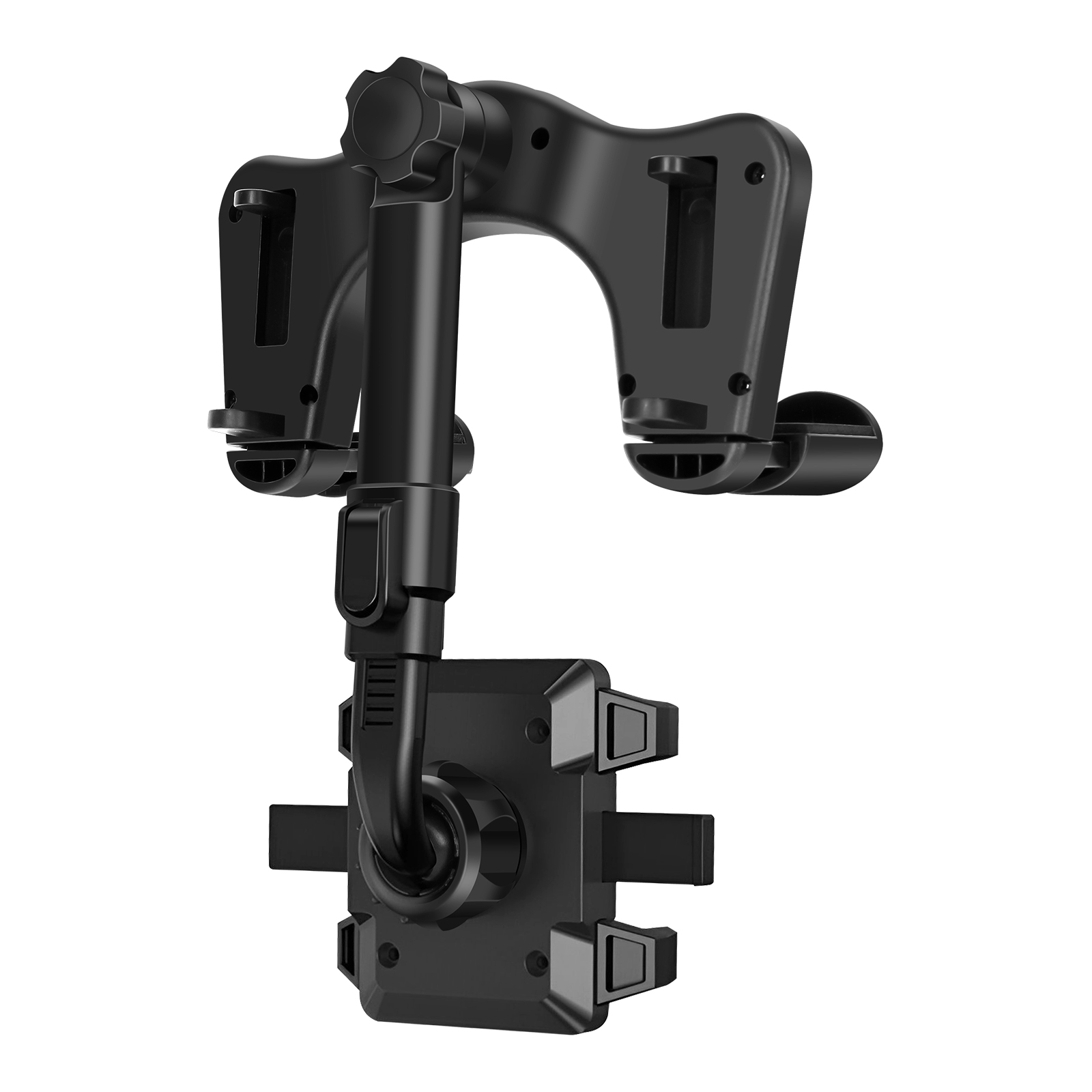 Un soporte negro para teléfono de coche. Tiene una base y un brazo curvo para sujetar el teléfono. Contra fondo blanco.