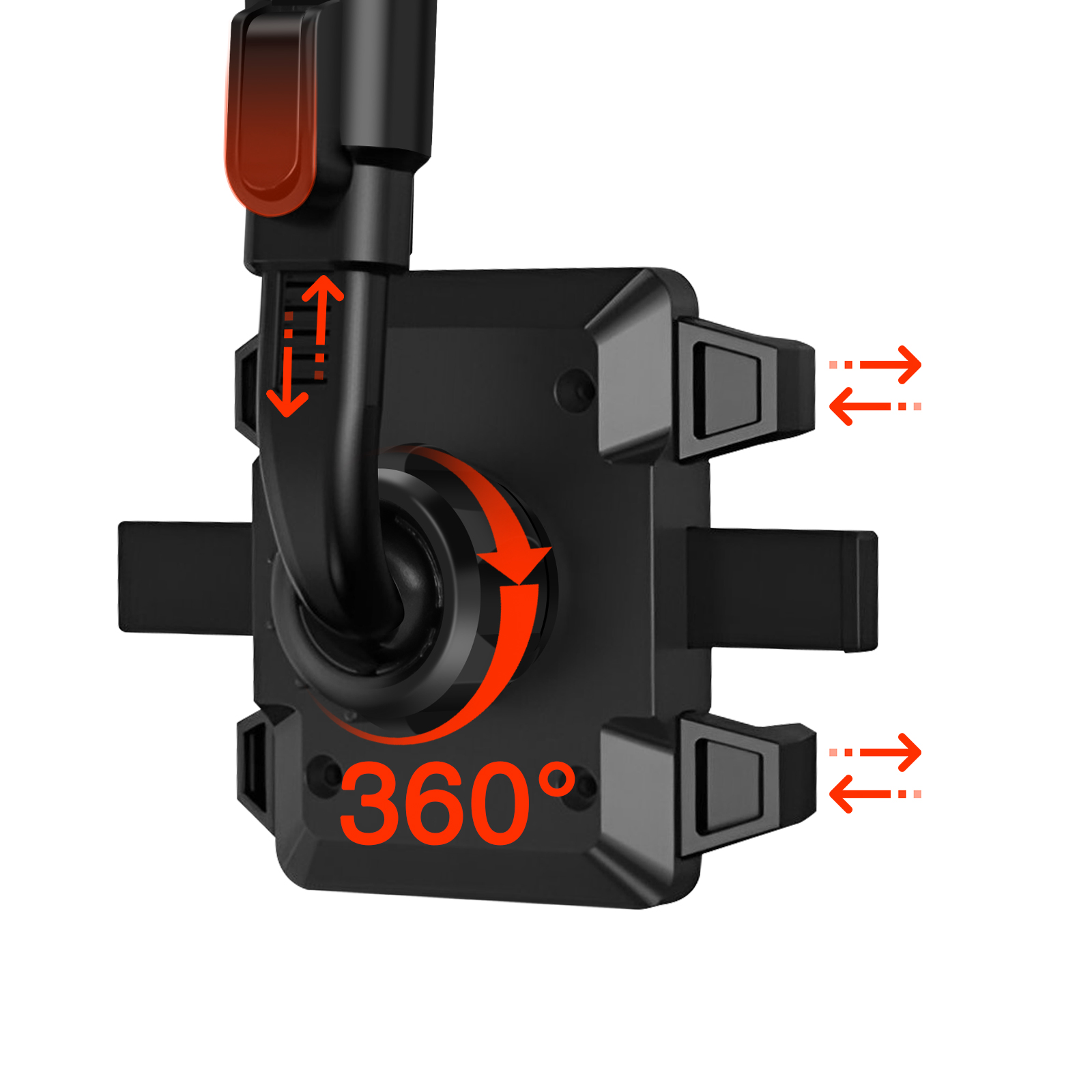 Soporte para teléfono negro con flechas naranjas que indican rotación de 360° y direcciones de ajuste. Fondo blanco.