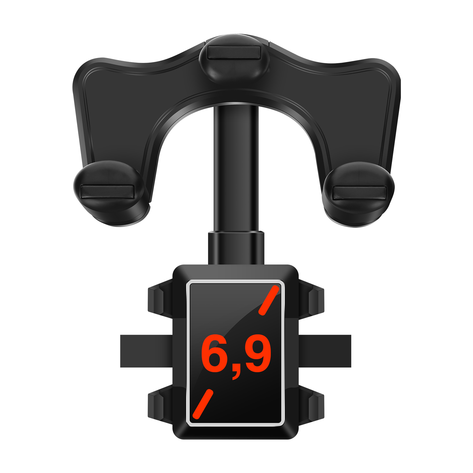 Dispositivo negro con pantalla '6,9'. El dispositivo tiene una estructura de soporte y fondo blanco.