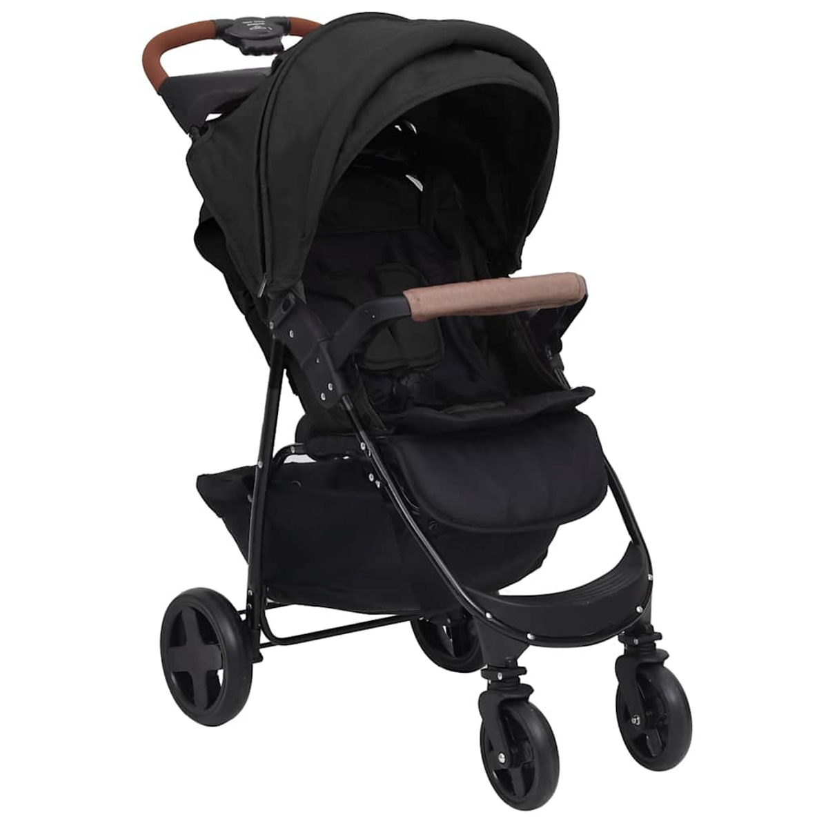Passeggino nero con manici e dettagli marroni. Caratterizzato da cappottina, seduta e quattro ruote. Lo sfondo è bianco.