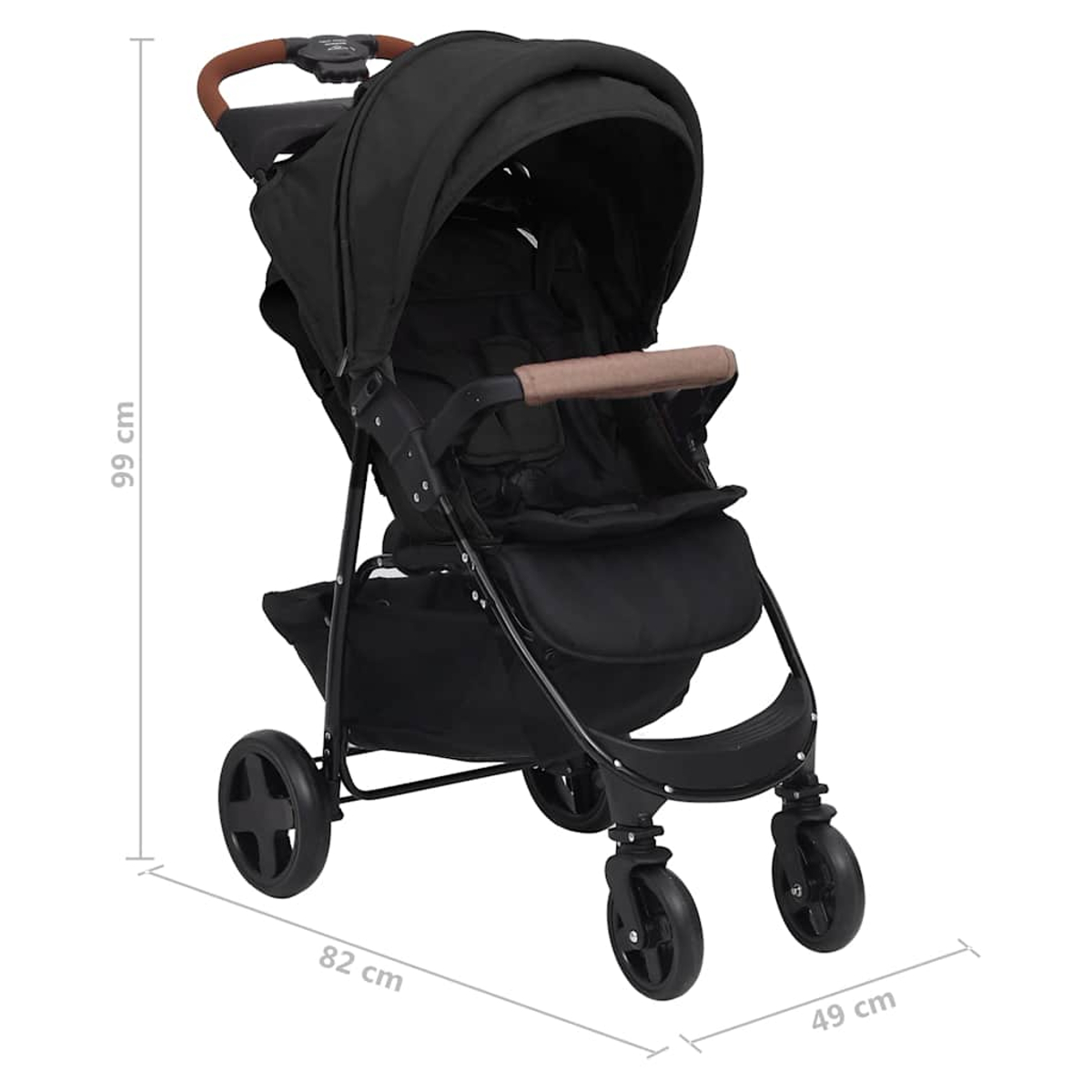Passeggino nero con manici marroni. Dimensioni: 99 cm di altezza, 82 cm di lunghezza e 49 cm di larghezza. Sono visibili quattro ruote, capote e seduta.