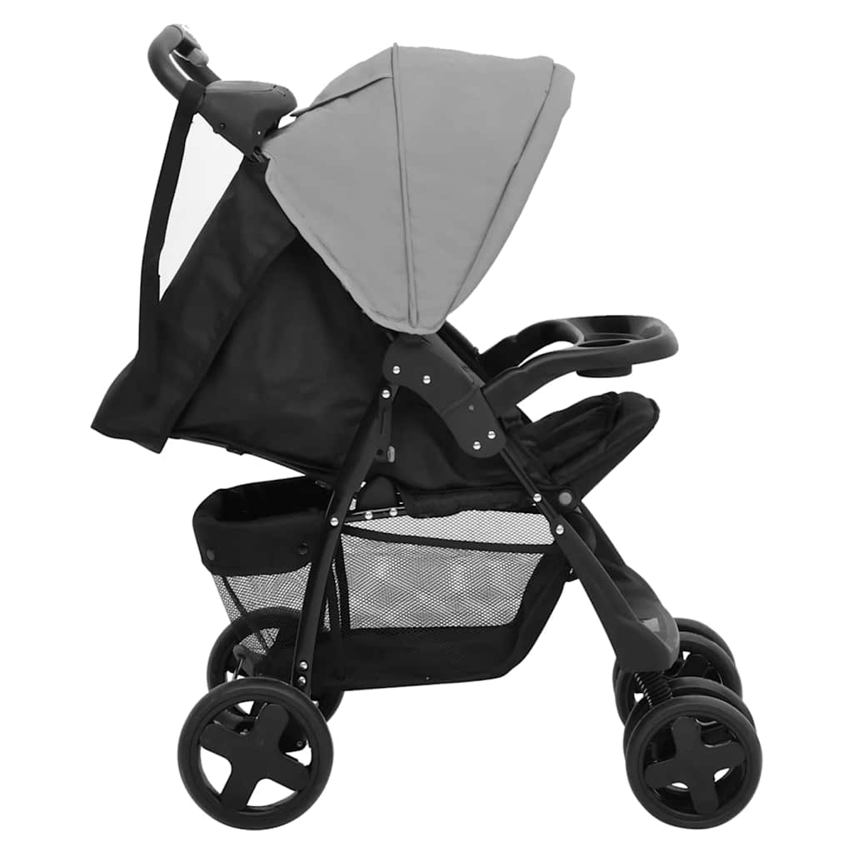Ein schwarz-grauer Kinderwagen auf weißem Grund. Er hat ein Verdeck, einen Stauraum und vier Räder.