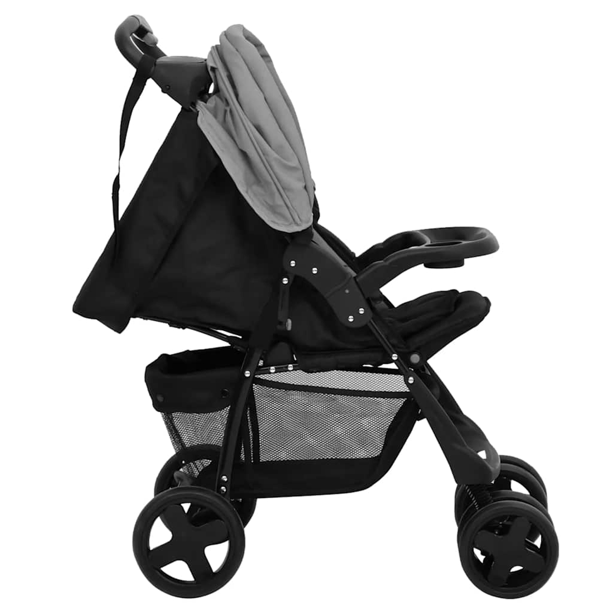 Ein schwarzer und grauer Kinderwagen. Er hat ein Verdeck, einen Sitz, einen Getränkehalter, einen Aufbewahrungskorb und vier Räder. Der Hintergrund ist weiß.