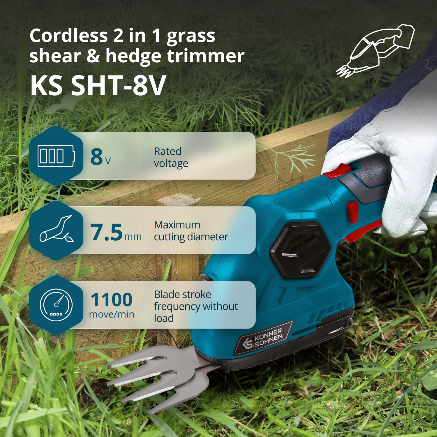 Eine türkis-schwarze Akku-Grasschere und Heckenschere. Eine behandschuhte Hand hält den Trimmer. Gras und ein Holzzaun sind sichtbar.