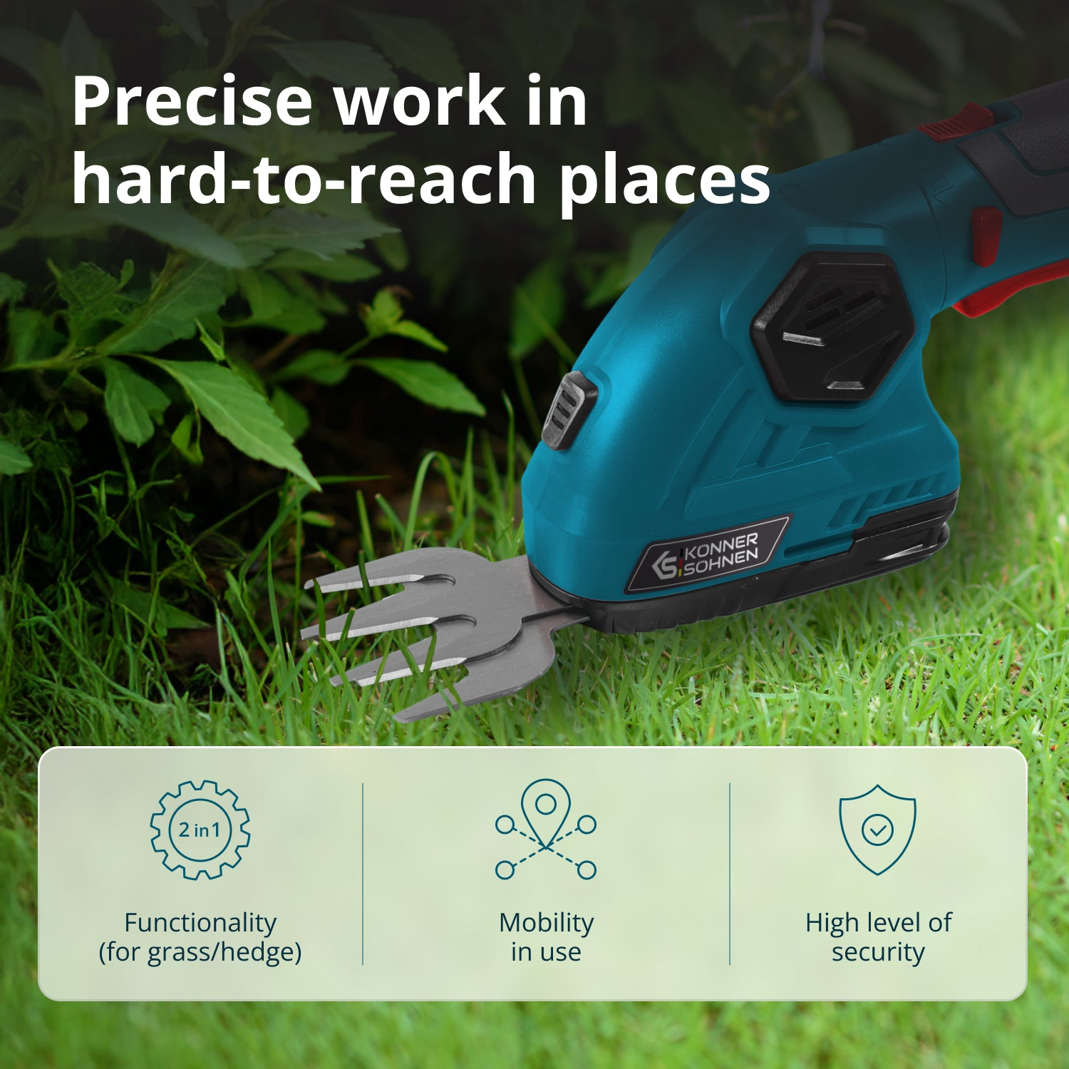Ein türkis-schwarzer Trimmer schneidet Gras. Text sagt: 'Präzise Arbeit an schwer zugänglichen Stellen'. Icons für Funktionalität, Mobilität und Sicherheit.