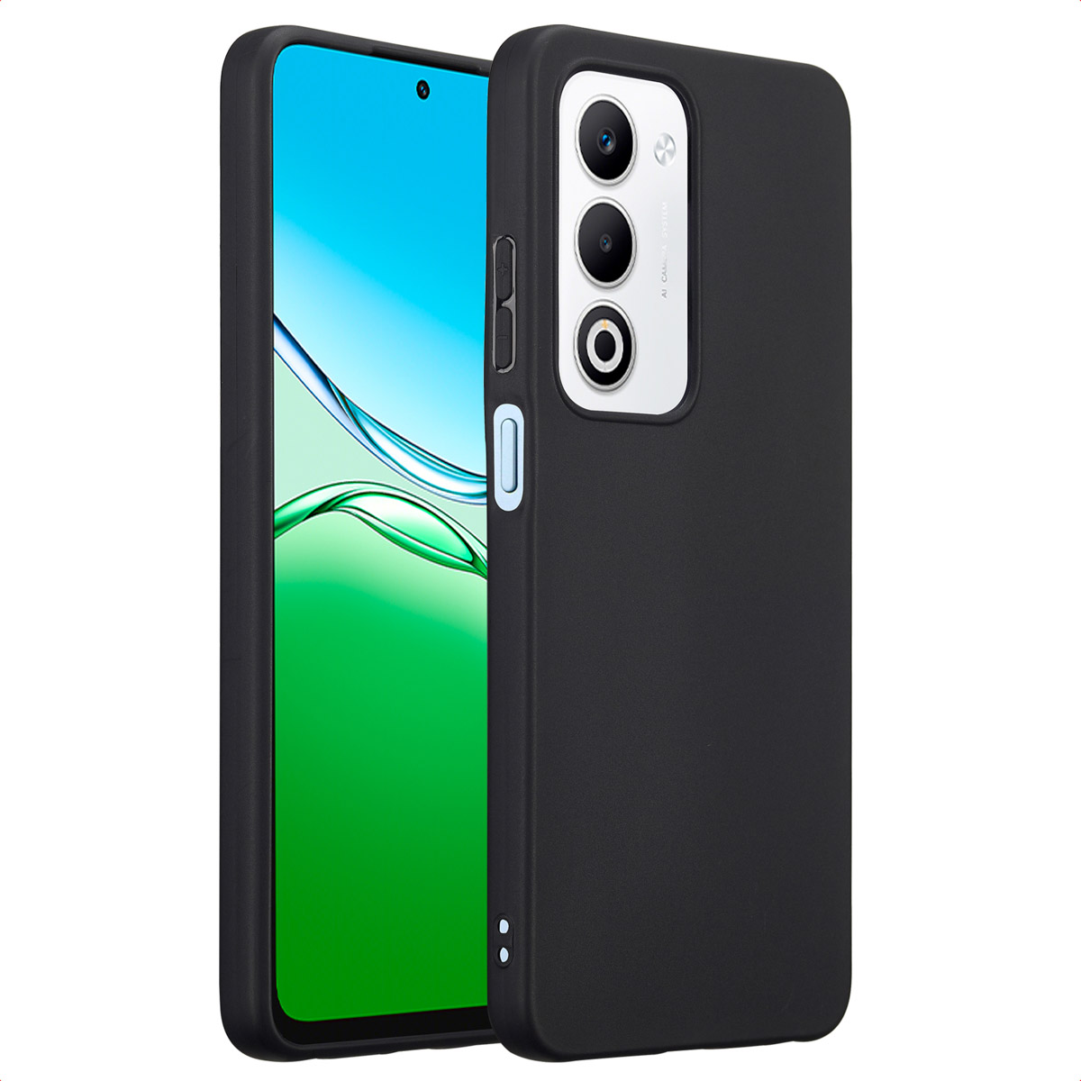 Zwarte telefoonhoes met een telefoon erin. De telefoon heeft een scherm met groene en blauwe kleuren. De hoes heeft cameraholes.
