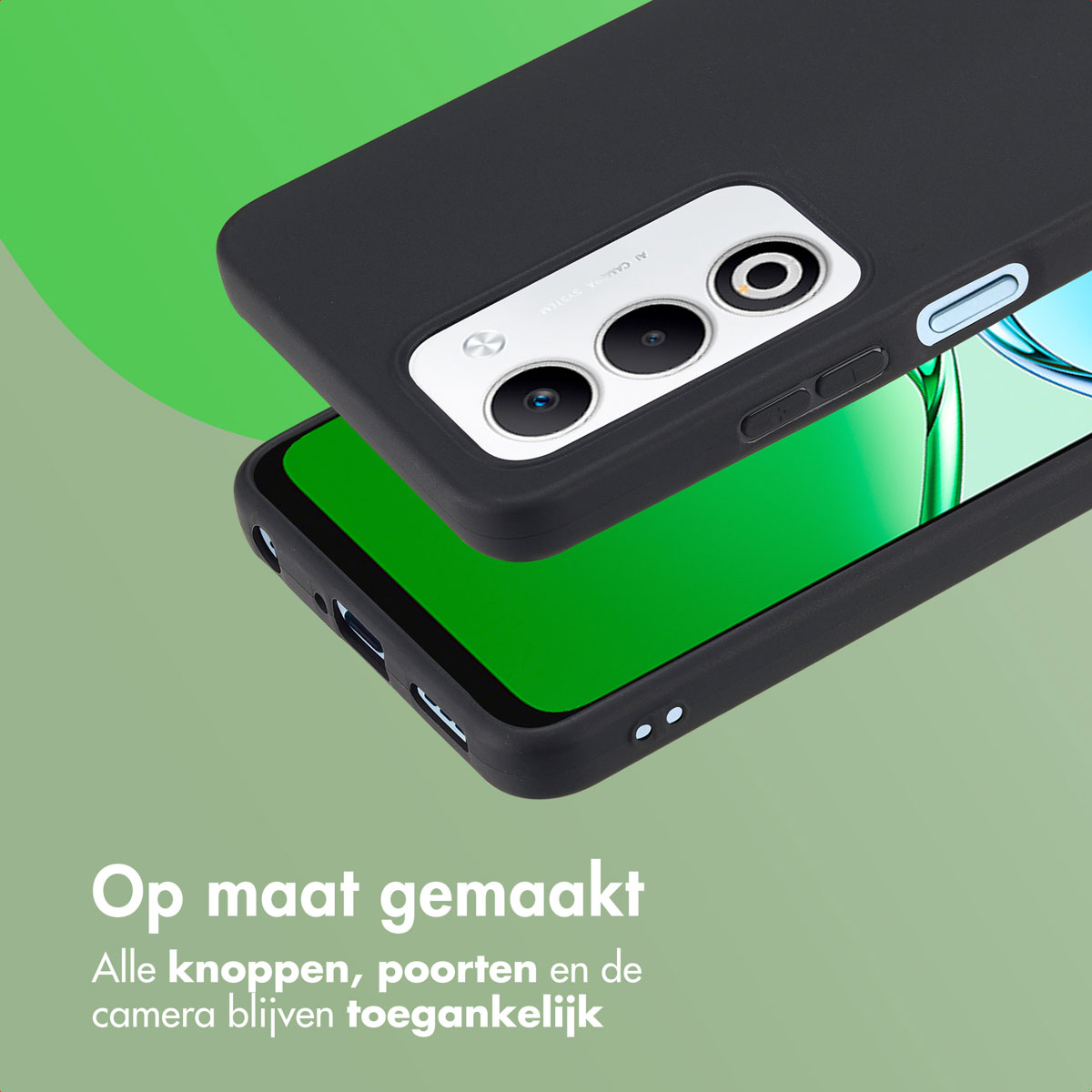Een zwarte telefoonhoes wordt getoond met de telefoon erin. De hoes heeft uitsparingen voor de camera en knoppen. Groene achtergrond.