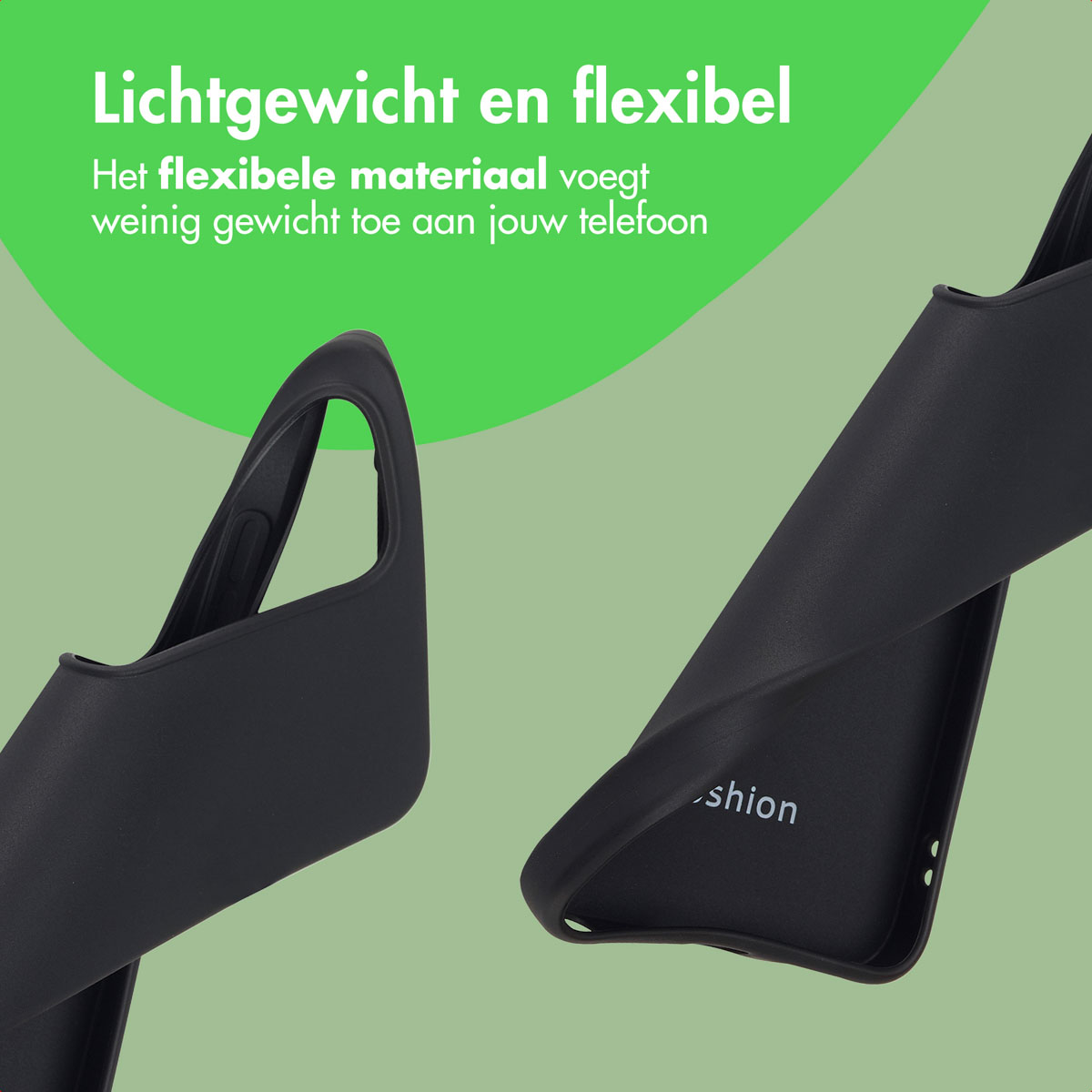 Twee zwarte telefoonhoesjes op groene achtergrond. Nederlandse tekst: 'Lichtgewicht en flexibel', beschrijft het materiaal.