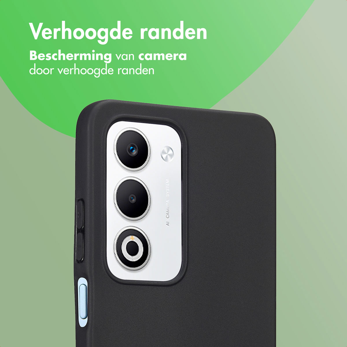 Een zwarte telefoon met een camerasysteem. De tekst zegt 'Verhoogde randen' en 'Bescherming van de camera'.