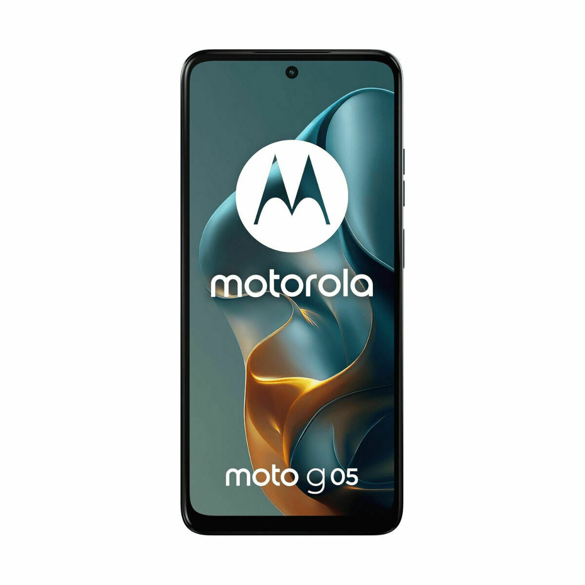 Smartfon Motorola Moto G05, czarna ramka, białe logo Motorola, na turkusowym tle. Ekran wyświetla abstrakcyjną grafikę.