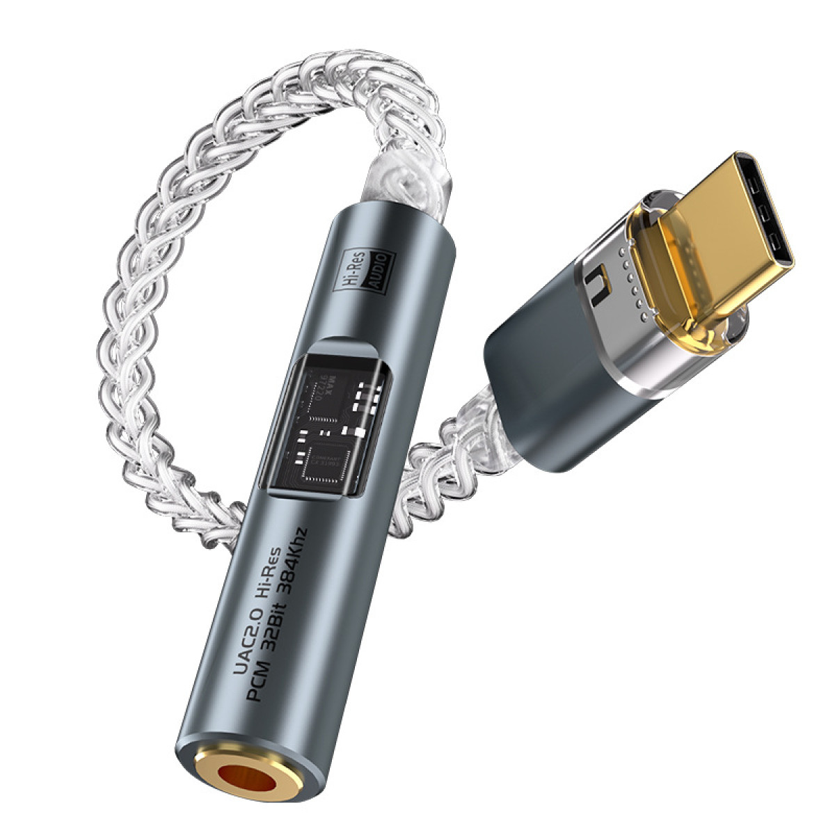 Srebrny i szary adapter audio z złączem USB-C i plecionym kablem. Adapter ma napis: UAC2.0 Hi-Res PCM 32Bit 384Khz.