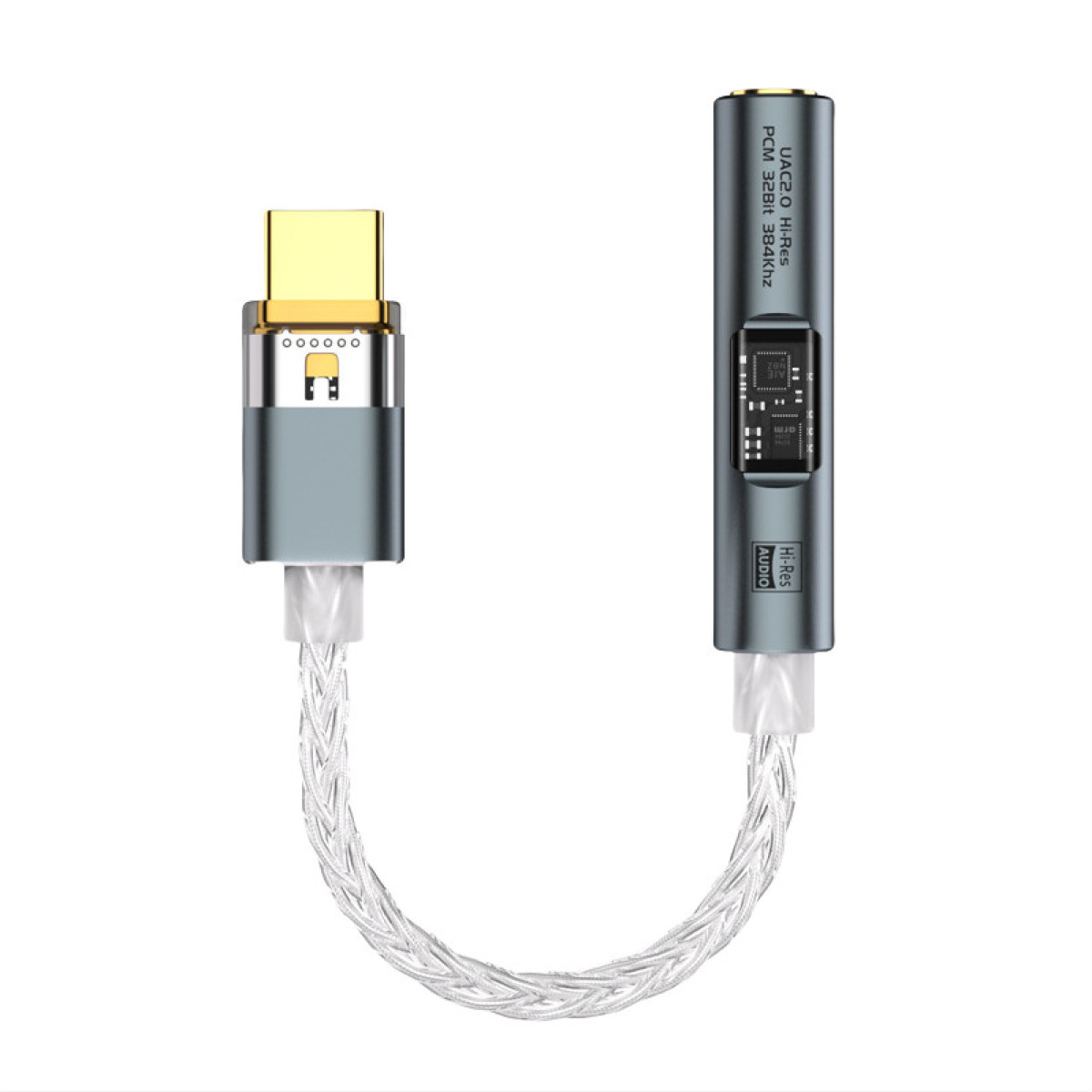 Szaro-złoty adapter audio z złączem USB-C, wyświetlaczem cyfrowym i plecionym srebrnym kablem.
