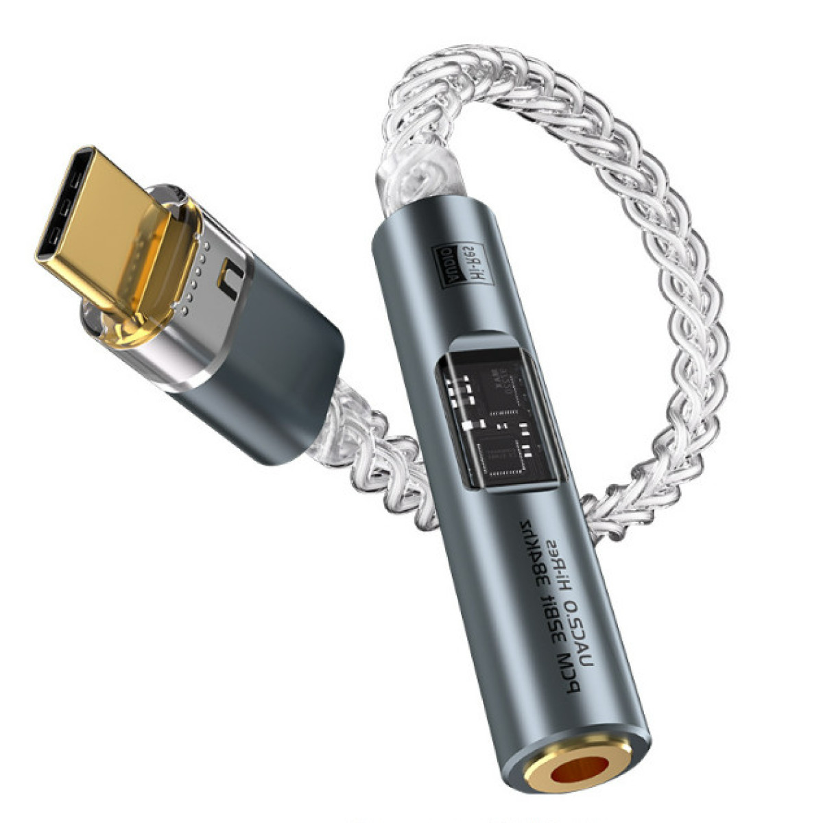 Srebrny i szary adapter audio ze złączem USB-C i złotym gniazdem. Połączony jest przezroczystym, plecionym kablem.