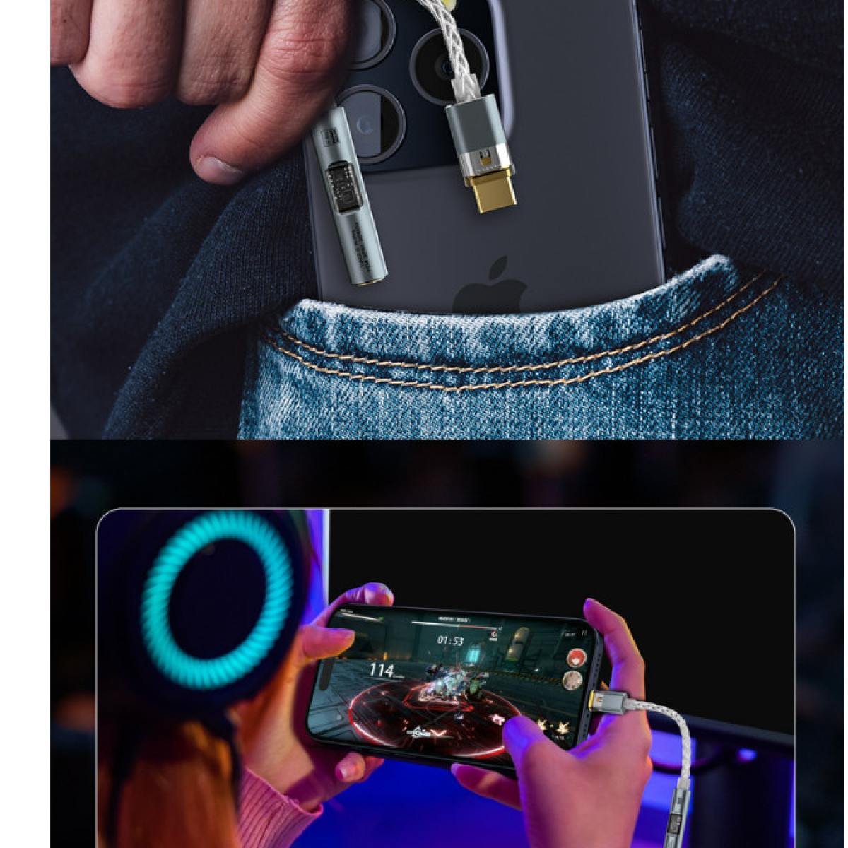 Osoba trzyma telefon z grą, podłączony do adaptera audio. Telefon jest w kieszeni z innym adapterem.