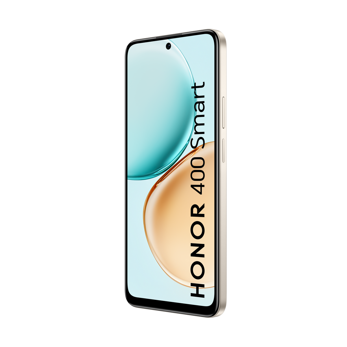 Smartfon z zakrzywionym ekranem wyświetla turkusowy i złoty design. Telefon jest złoty, z napisem 'HONOR 400 Smart' na czarnym tle.