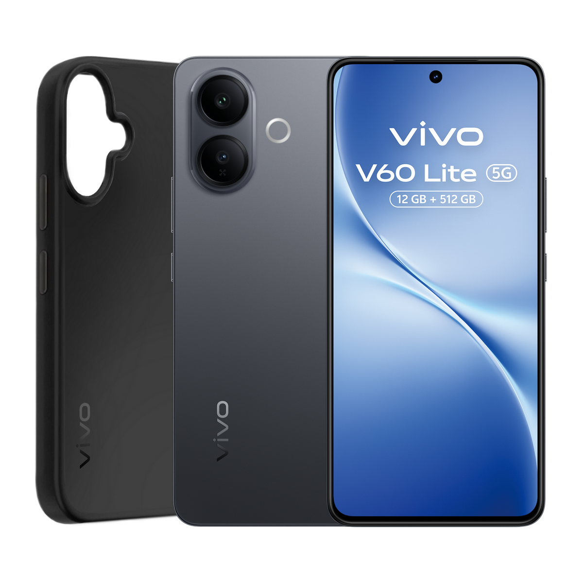 Telefon Vivo V60 Lite 5G z czarnym etui. Wyświetlacz pokazuje niebieski gradient. Telefon jest szary z dwoma obiektywami.
