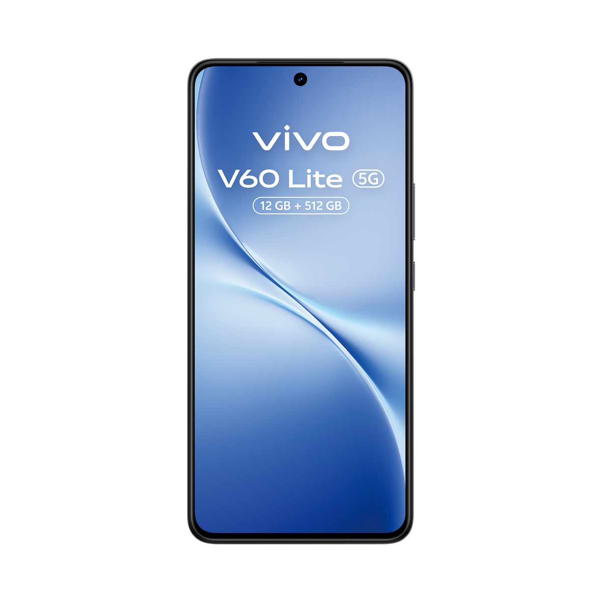 Smartfon Vivo V60 Lite 5G na czarnym tle. Ekran wyświetla logo Vivo i szczegóły modelu. Ma niebieski gradient.