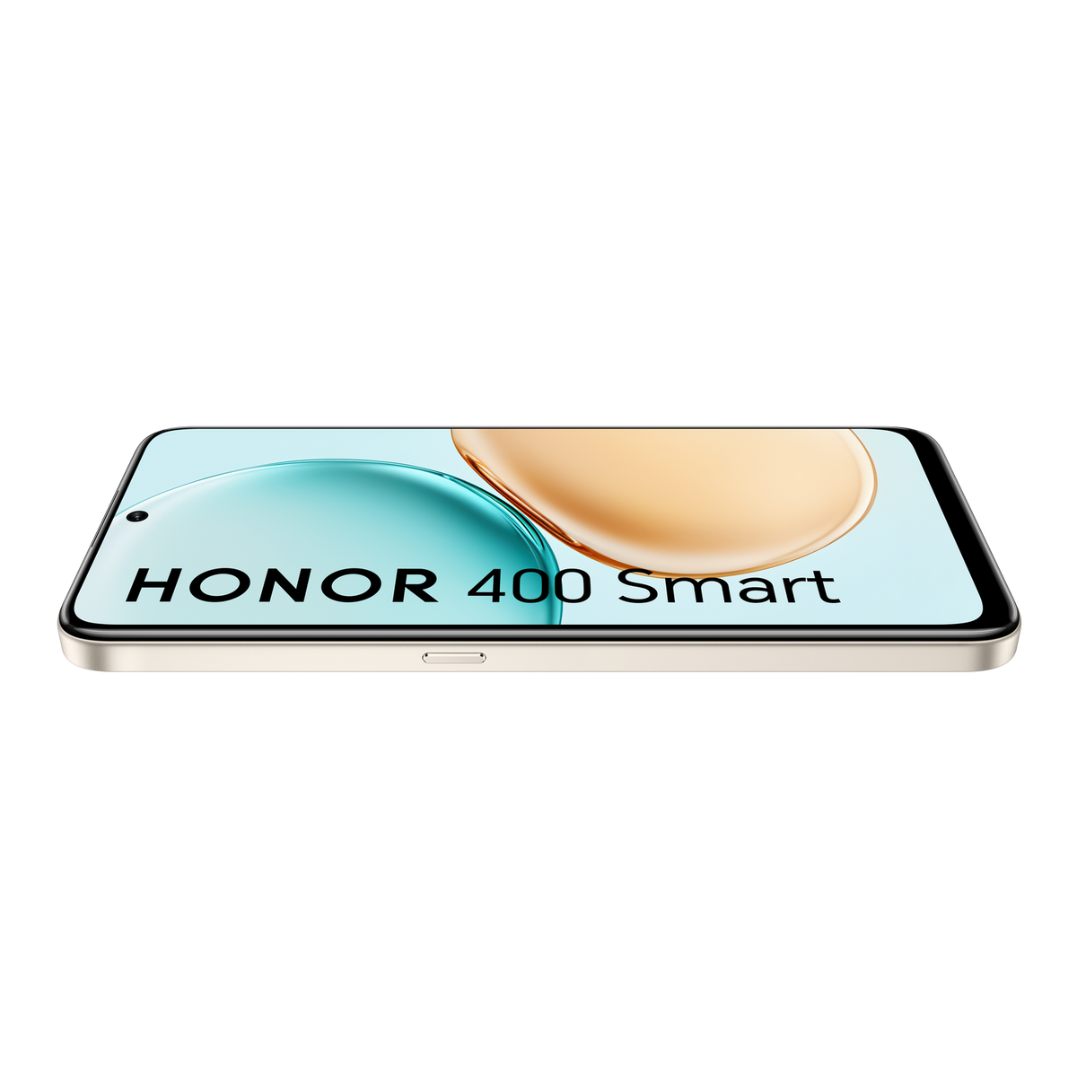 Smartfon z napisem 'HONOR 400 Smart' na ekranie. Wyświetlacz prezentuje niebiesko-złoty design. Telefon ma złotą ramkę.