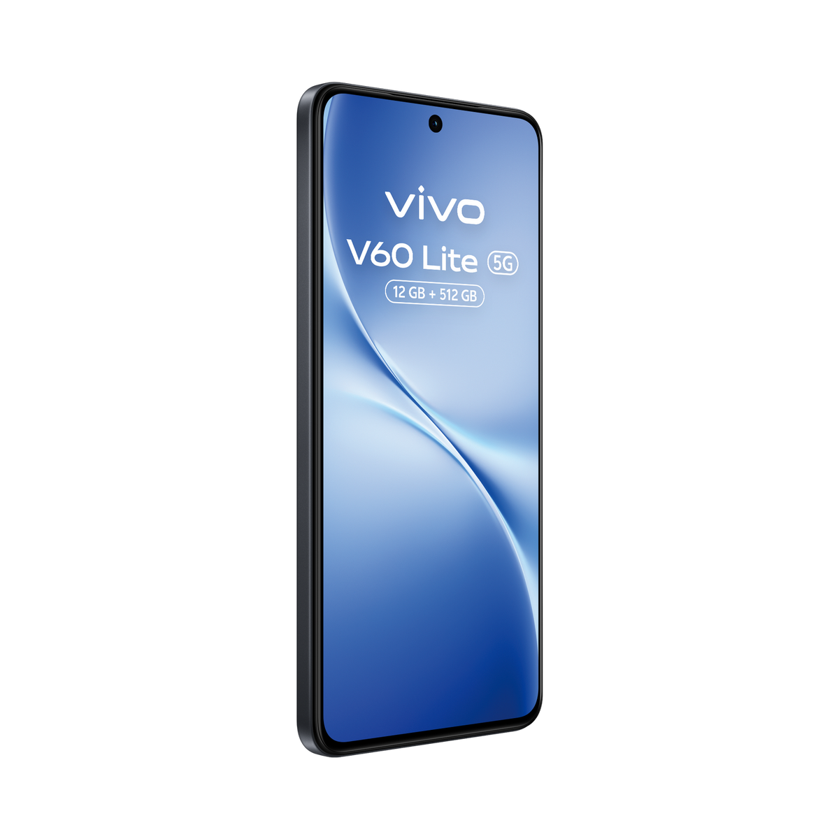 Smartfon Vivo V60 Lite 5G na czarnym tle. Ekran wyświetla logo Vivo, model i specyfikacje. Telefon jest ciemnoszary.