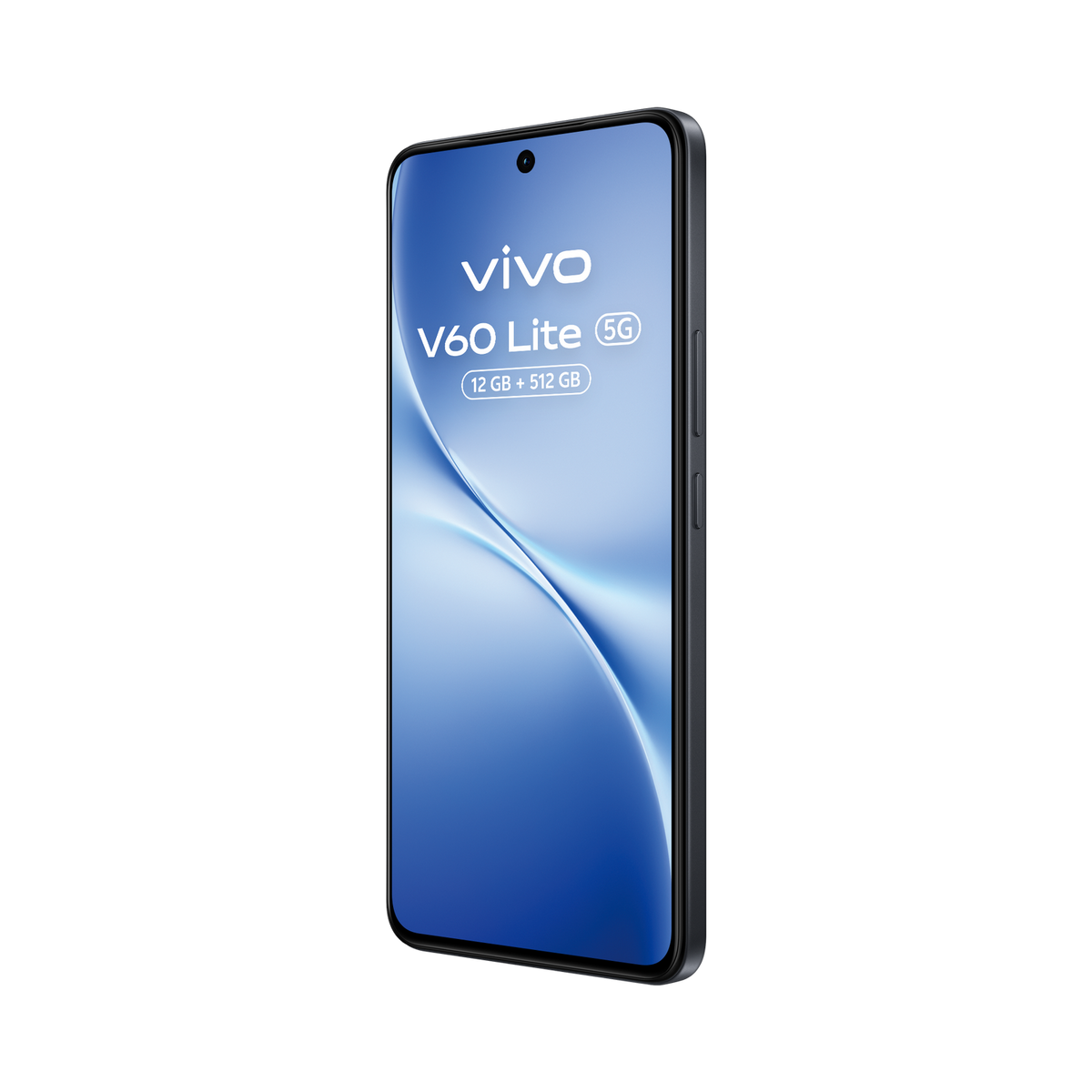 Czarny smartfon Vivo V60 Lite 5G jest wyświetlany pod kątem. Ekran pokazuje nazwę marki i specyfikacje na niebieskim tle.