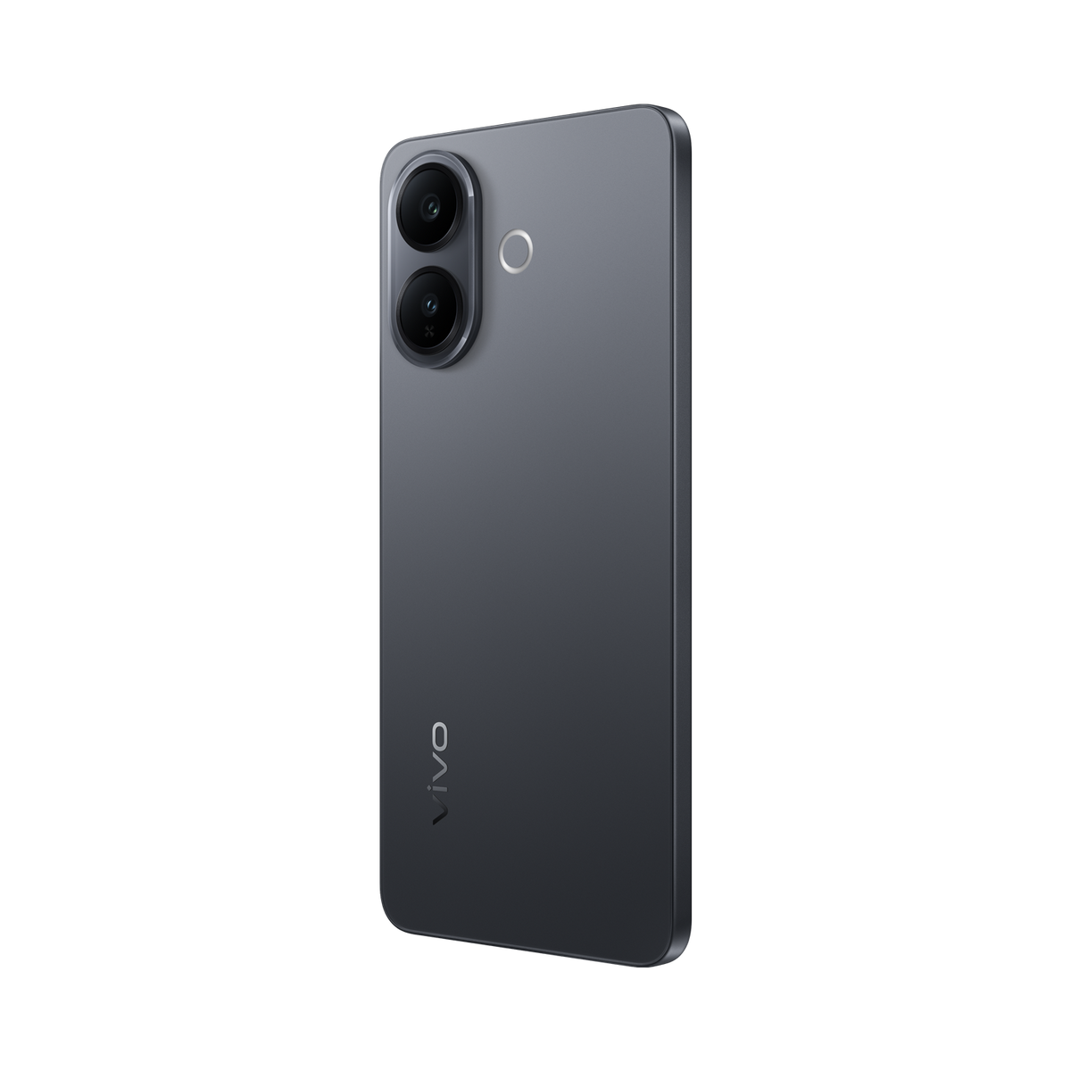 Widoczny jest ciemnoszary smartfon z dwoma aparatami. Logo Vivo jest widoczne. Tło jest czarne.