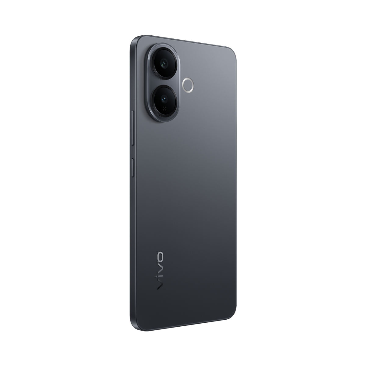 Ciemnoszary smartfon z dwoma obiektywami aparatu i logo 'vivo'. Telefon jest umieszczony na czarnym tle.