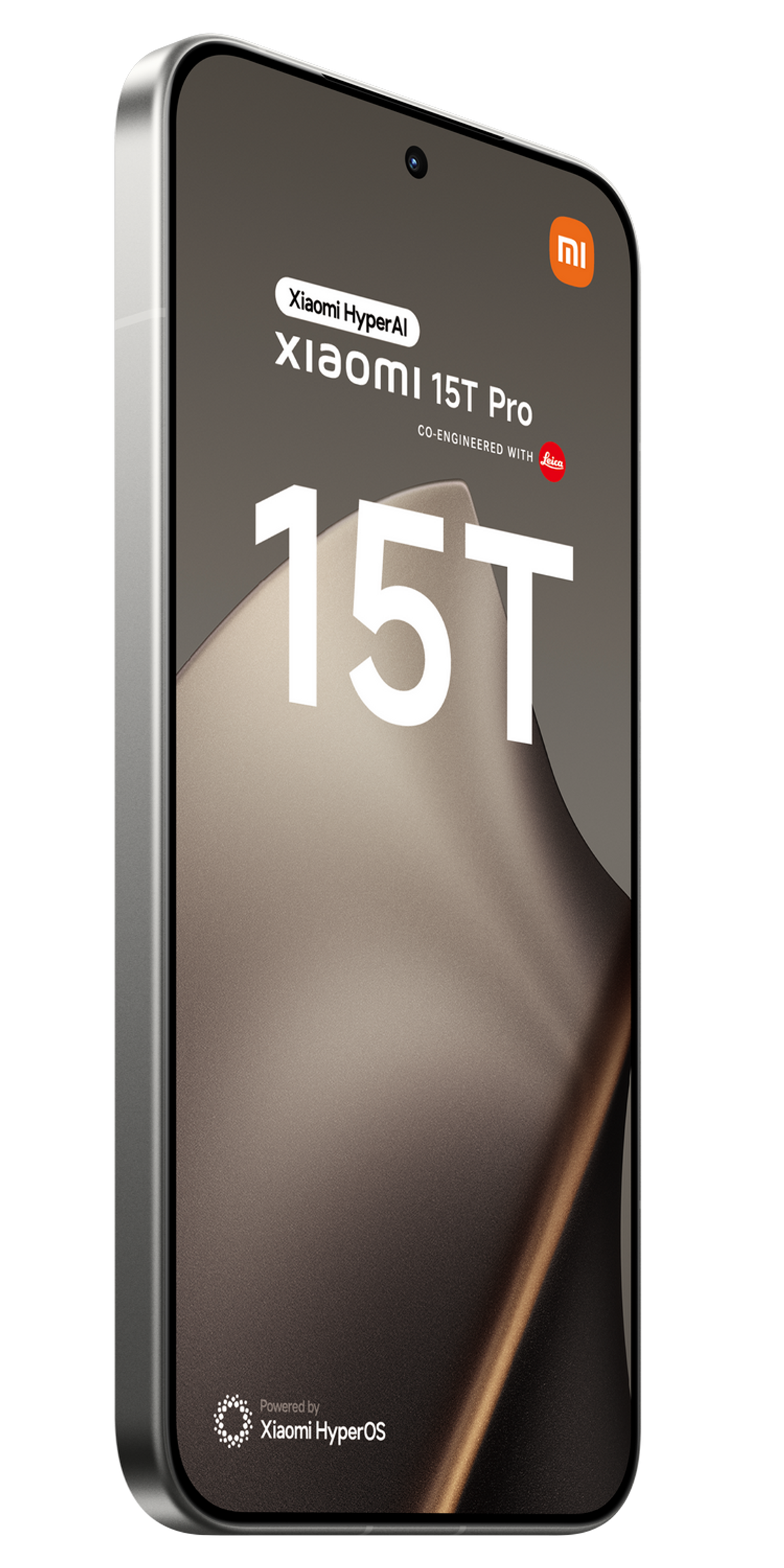 Prezentacja telefonu Xiaomi 15T Pro. Posiada duży ekran z logo marki i szczegółami. Tło jest czarne.