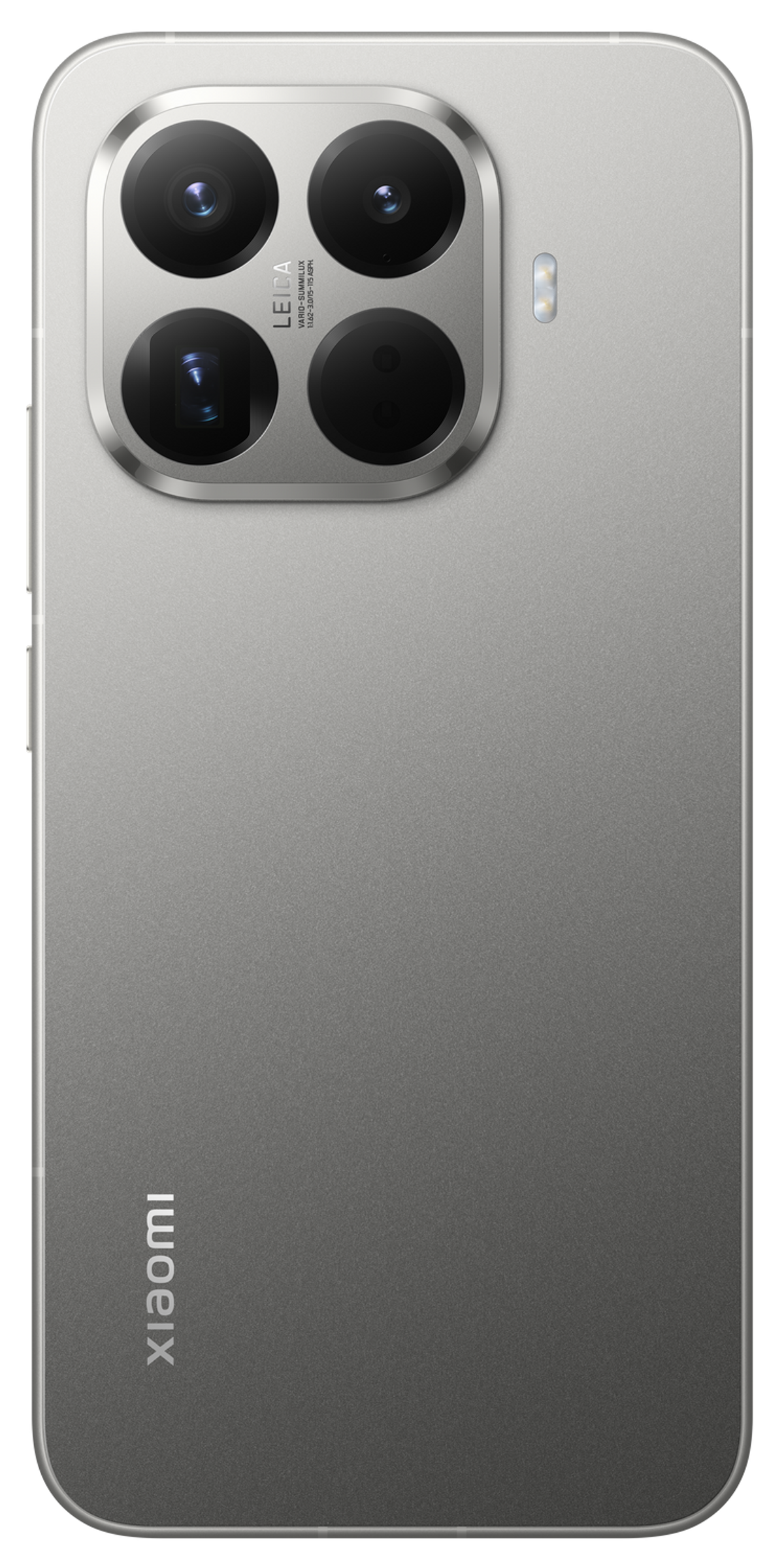 Srebrny smartfon z zestawem aparatów z czterema obiektywami. Logo Xiaomi jest ustawione pionowo na dole.