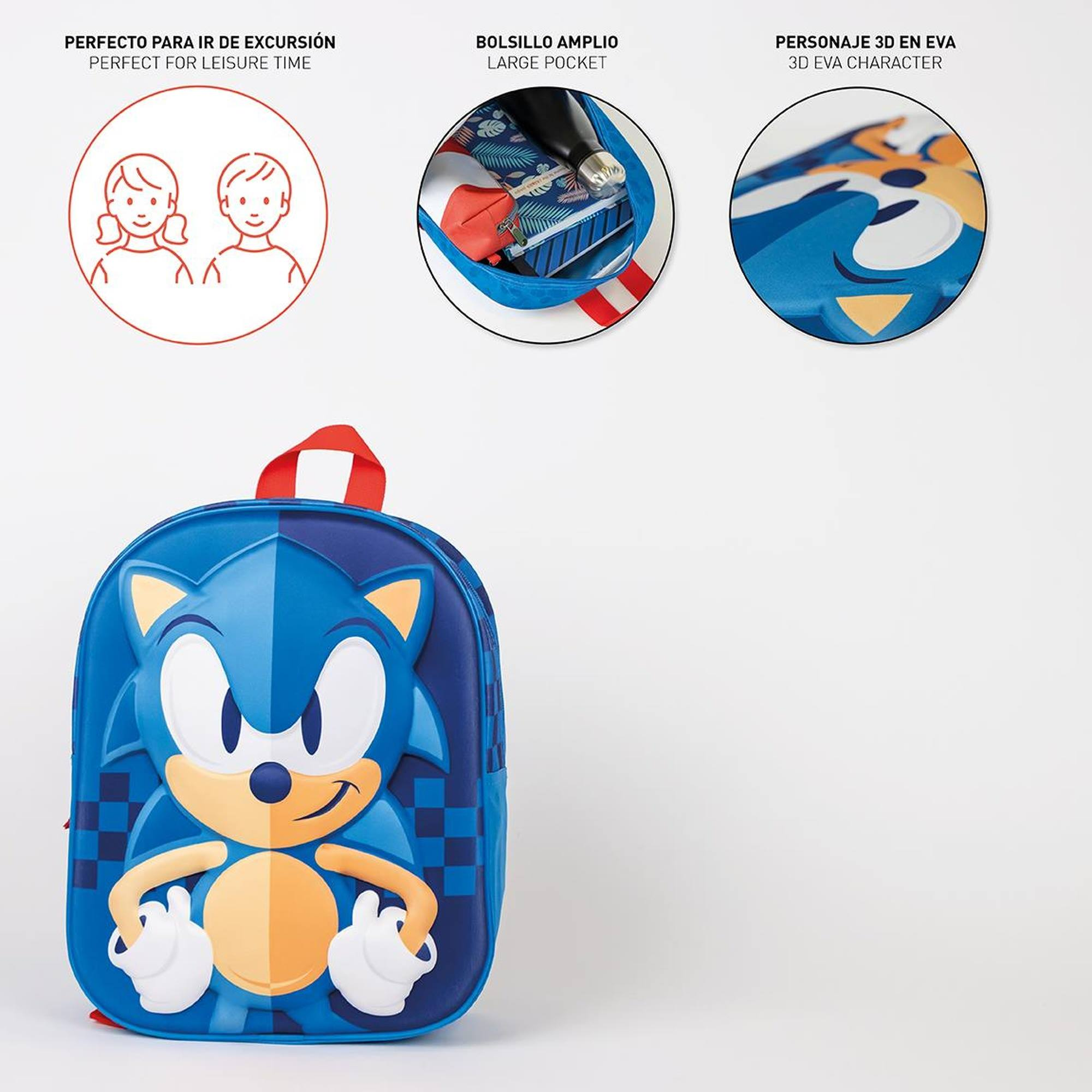 Mochila azul de Sonic con correas rojas. La imagen también incluye detalles del bolsillo y diseño 3D del personaje.