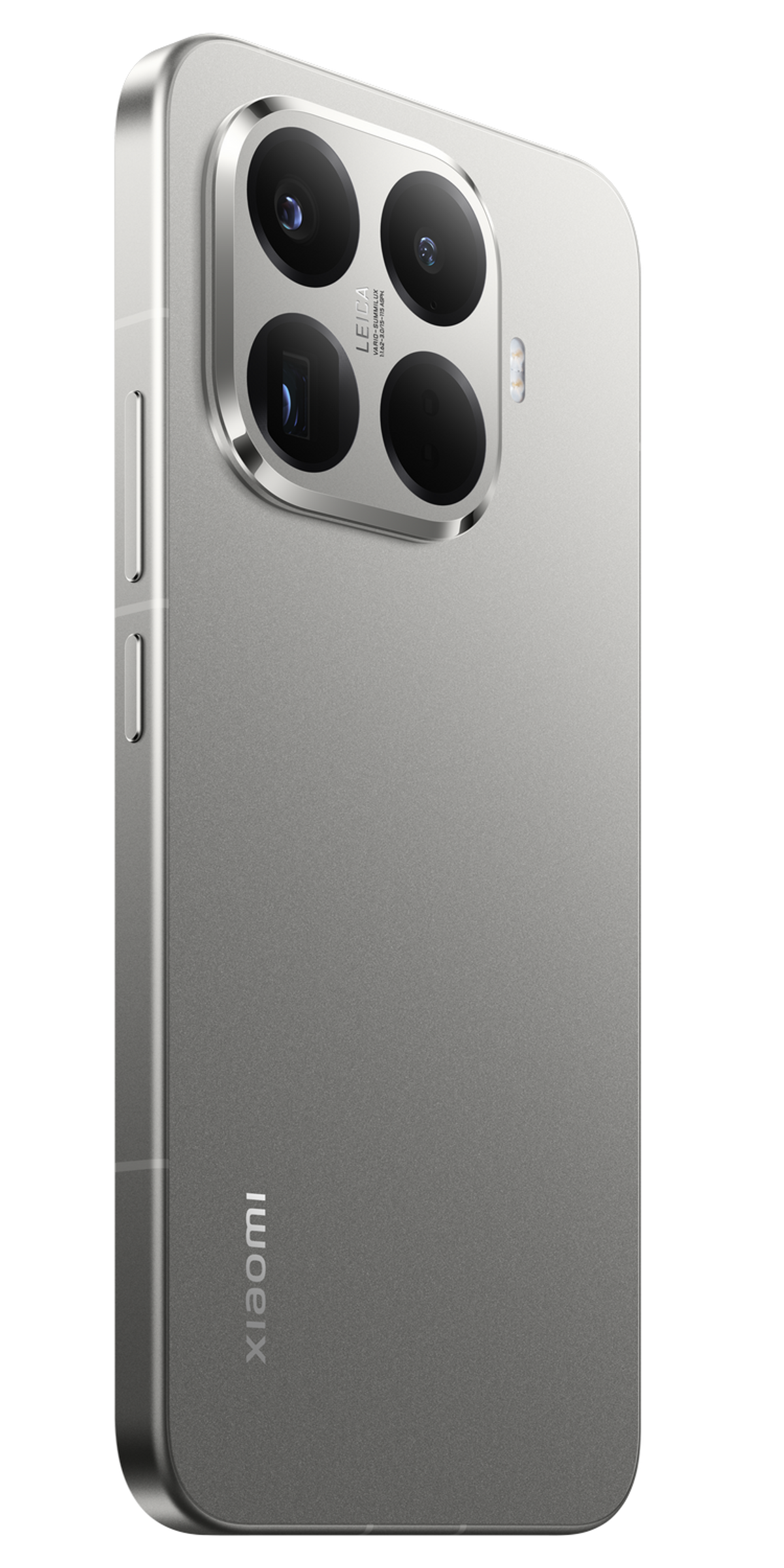 Srebrny telefon Xiaomi z obiektywami Leica. Telefon ma metalowe wykończenie i jest na czarnym tle.