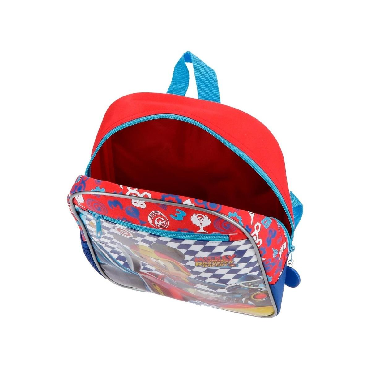 Mochila roja con detalles azules, abierta para revelar el interior. Presenta un patrón de cuadros y gráficos de dibujos animados. Asa y cremallera azules.