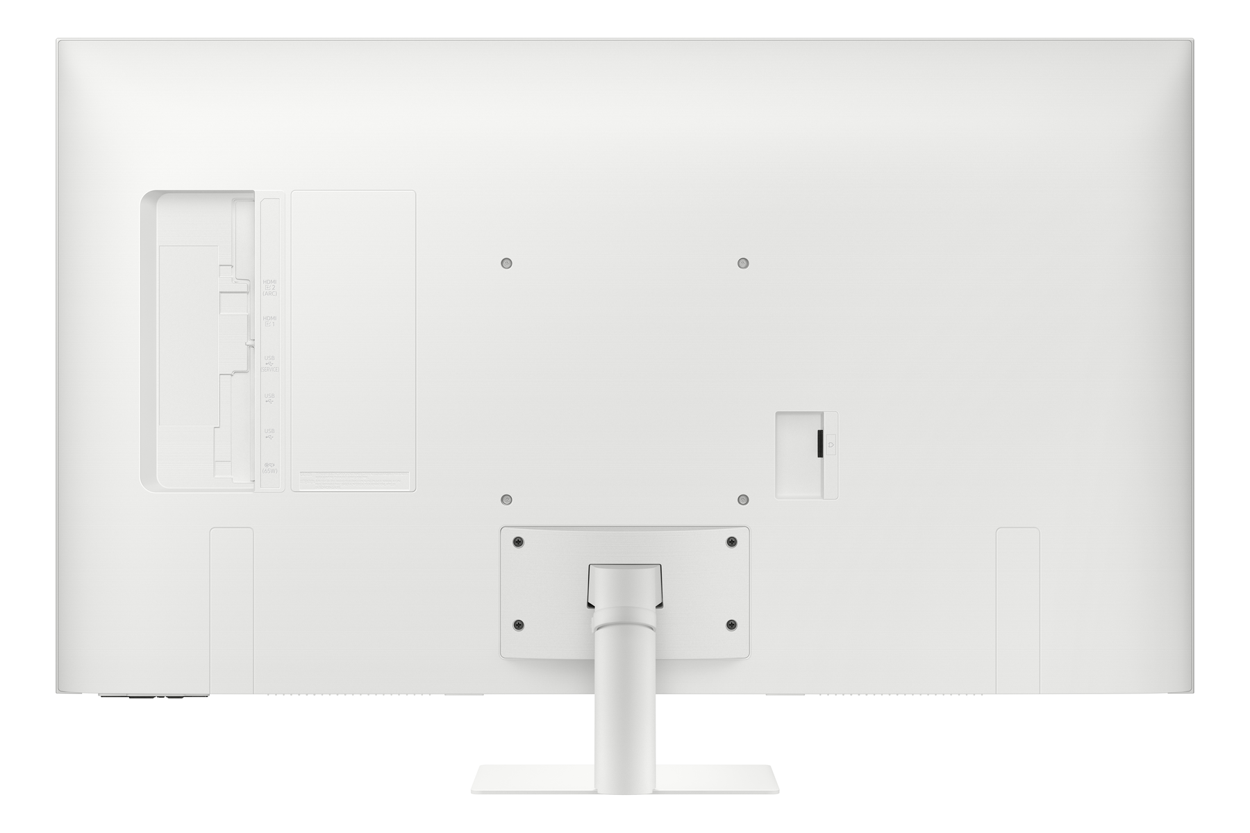 Retro di un monitor bianco. Porte includono HDMI, USB e alimentazione. Un supporto è in basso.
