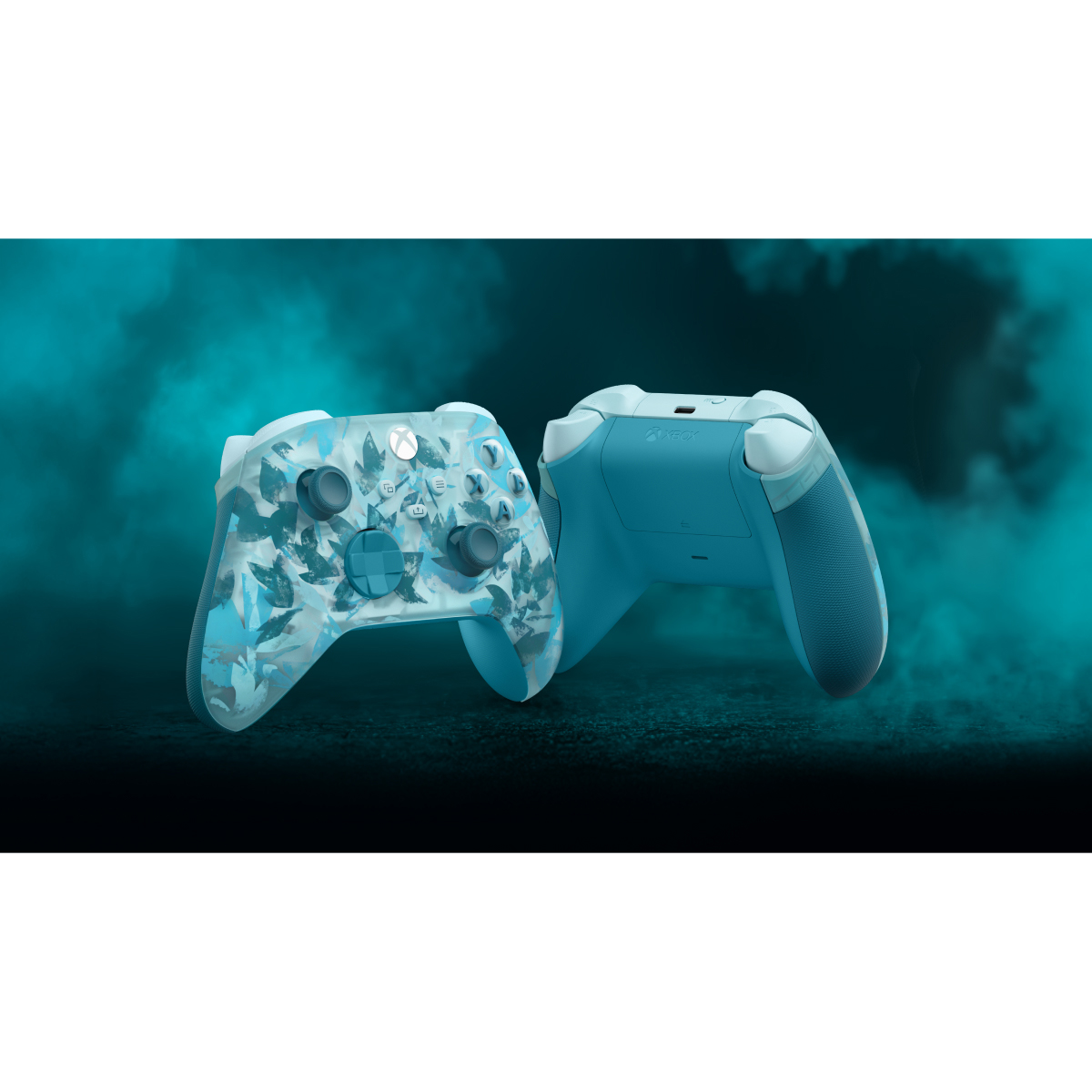 Zwei blaue Xbox-Controller. Einer zeigt nach vorne, bedeckt mit hellblauen blattartigen Mustern. Der andere zeigt die Rückseite.