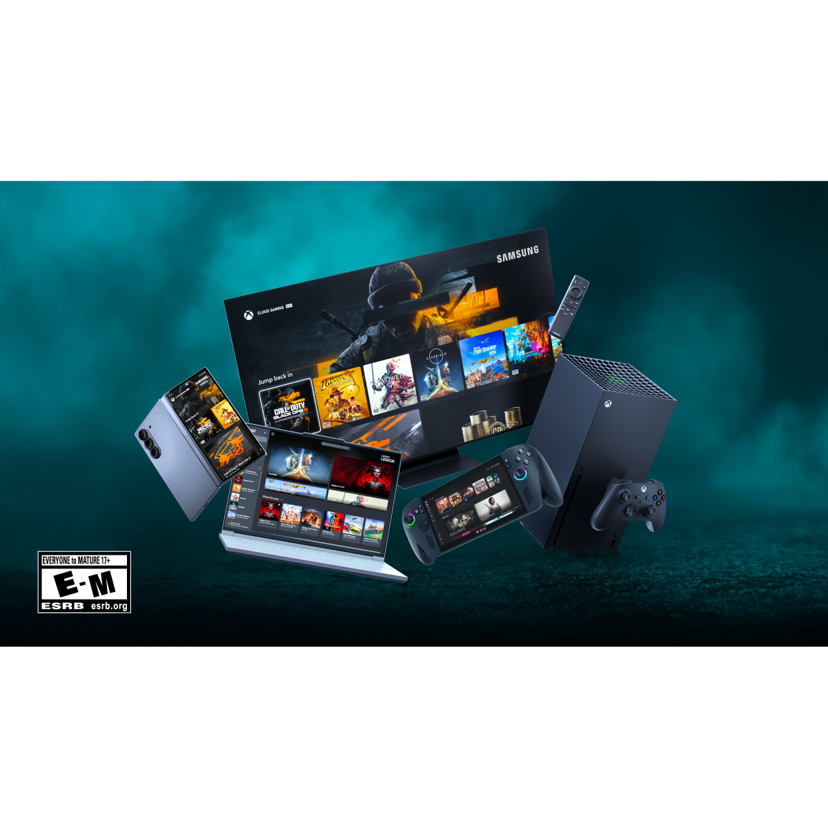 Eine Vielzahl von Spielgeräten, darunter ein Telefon, ein Laptop, eine Konsole und ein Handheld, schweben vor einem tealfarbenen Hintergrund.