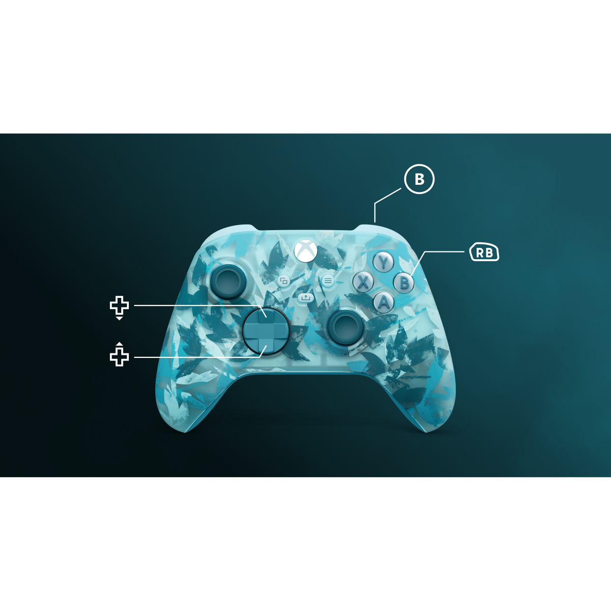 Ein Xbox-Controller mit blauem und weißem Blättermuster. Beschriftete Tasten: B, RB, X, Y, A. Steuerkreuz und Thumbsticks sind ebenfalls sichtbar.