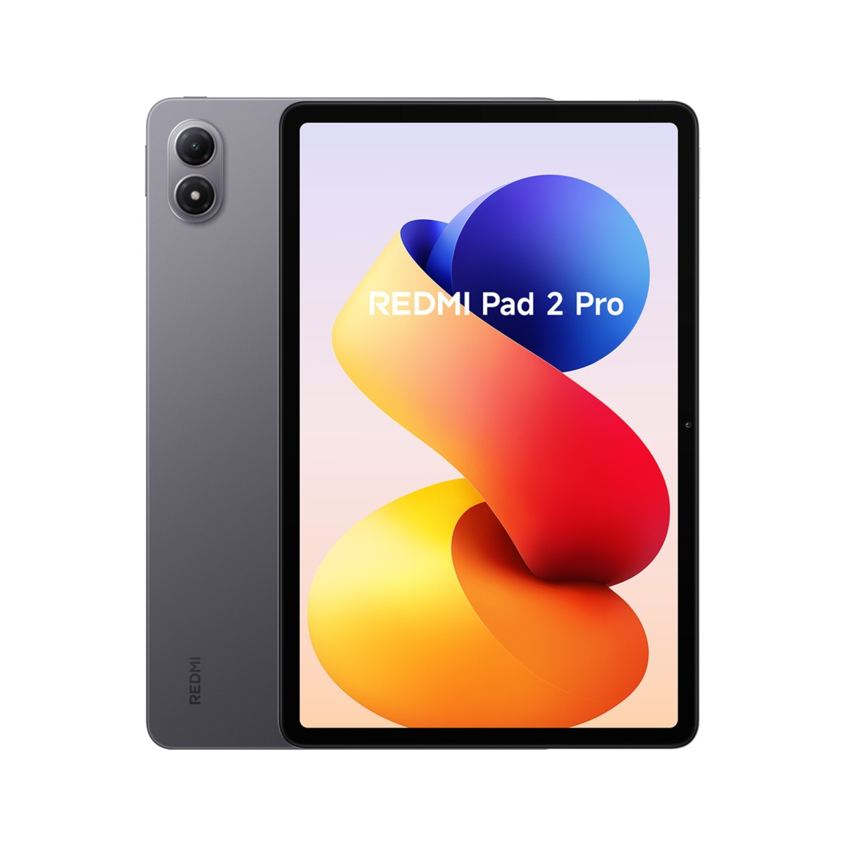Graues Redmi Pad 2 Pro Tablet. Der Bildschirm zeigt ein farbenfrohes abstraktes Design und den Text 'REDMI Pad 2 Pro'.
