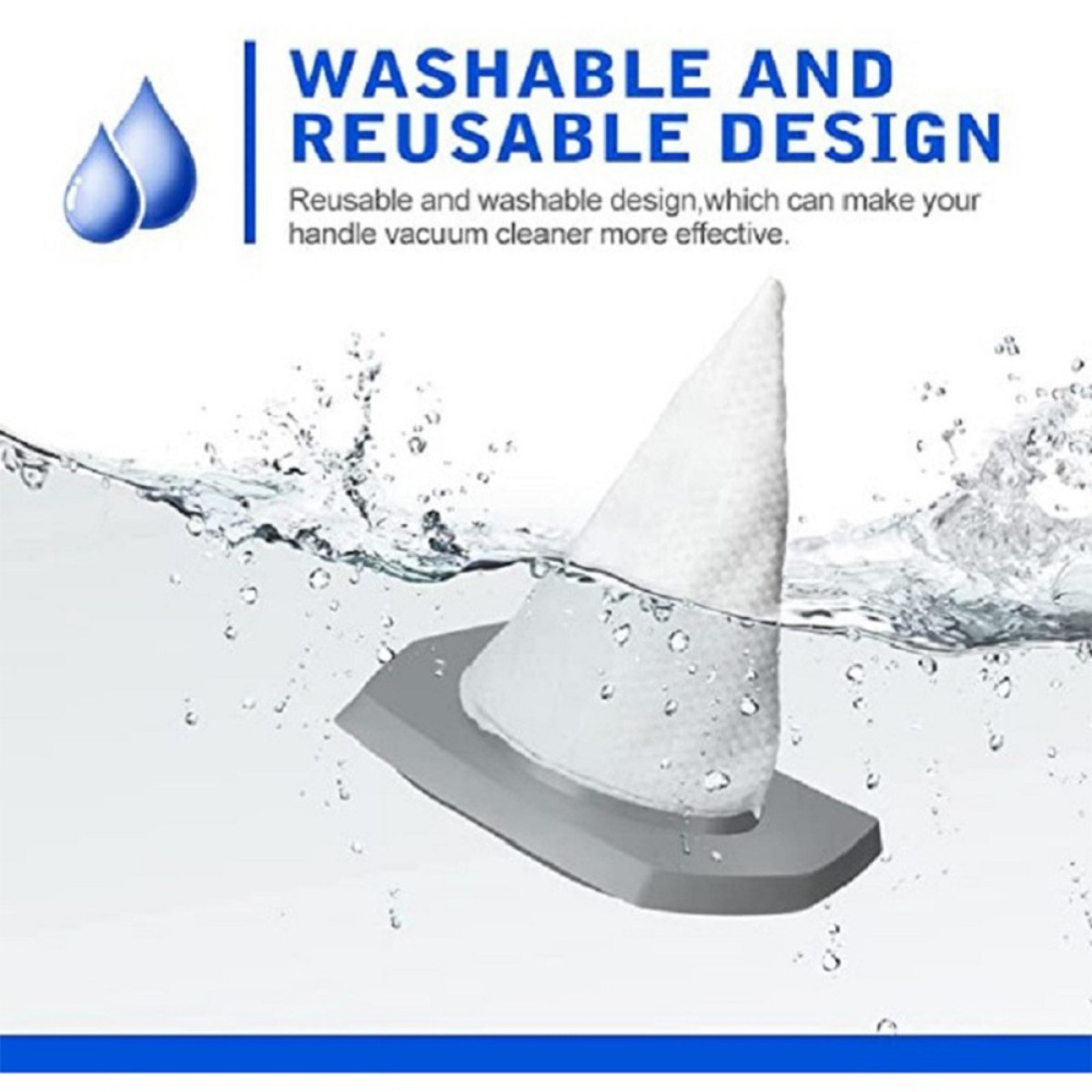 Ein Staubsaugerfilter im Wasser. Es ist eine weiße Kegelform auf einem grauen Sockel. Die Worte 'Washable and Reusable Design' stehen darüber.