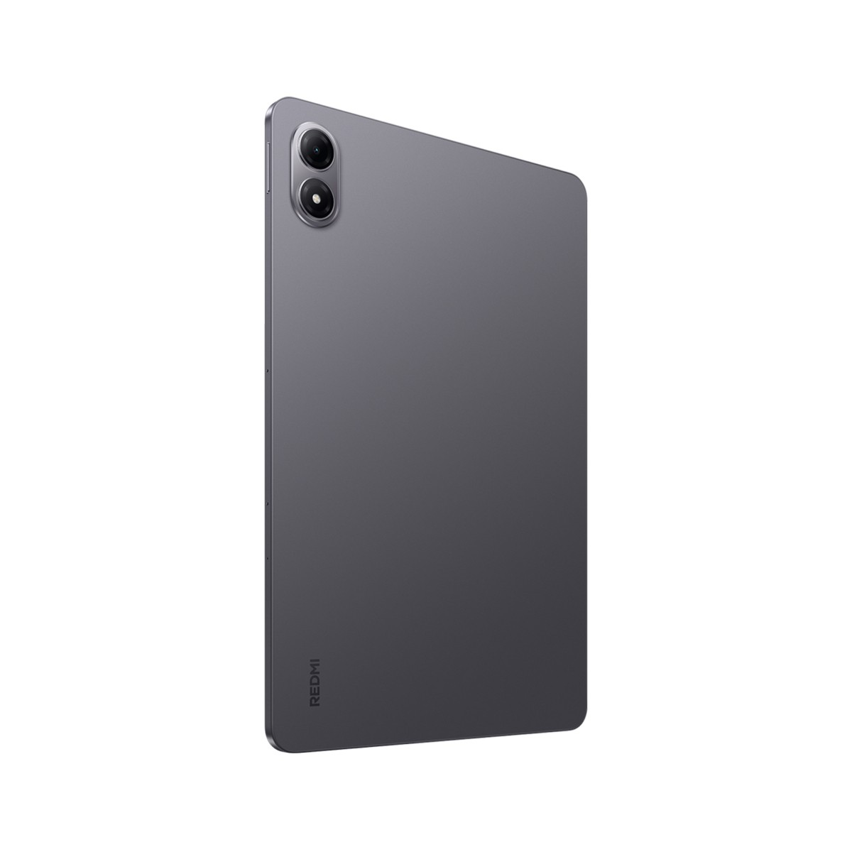 Ein graues Redmi-Tablet wird in einem Winkel angezeigt. Es hat zwei Kameralinsen oben links und das Redmi-Logo unten.