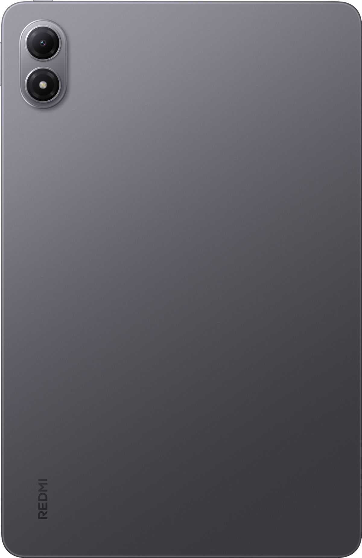 Rückseite eines grauen Tablets mit zwei Kameralinsen oben links. Das Redmi-Logo steht vertikal links unten.
