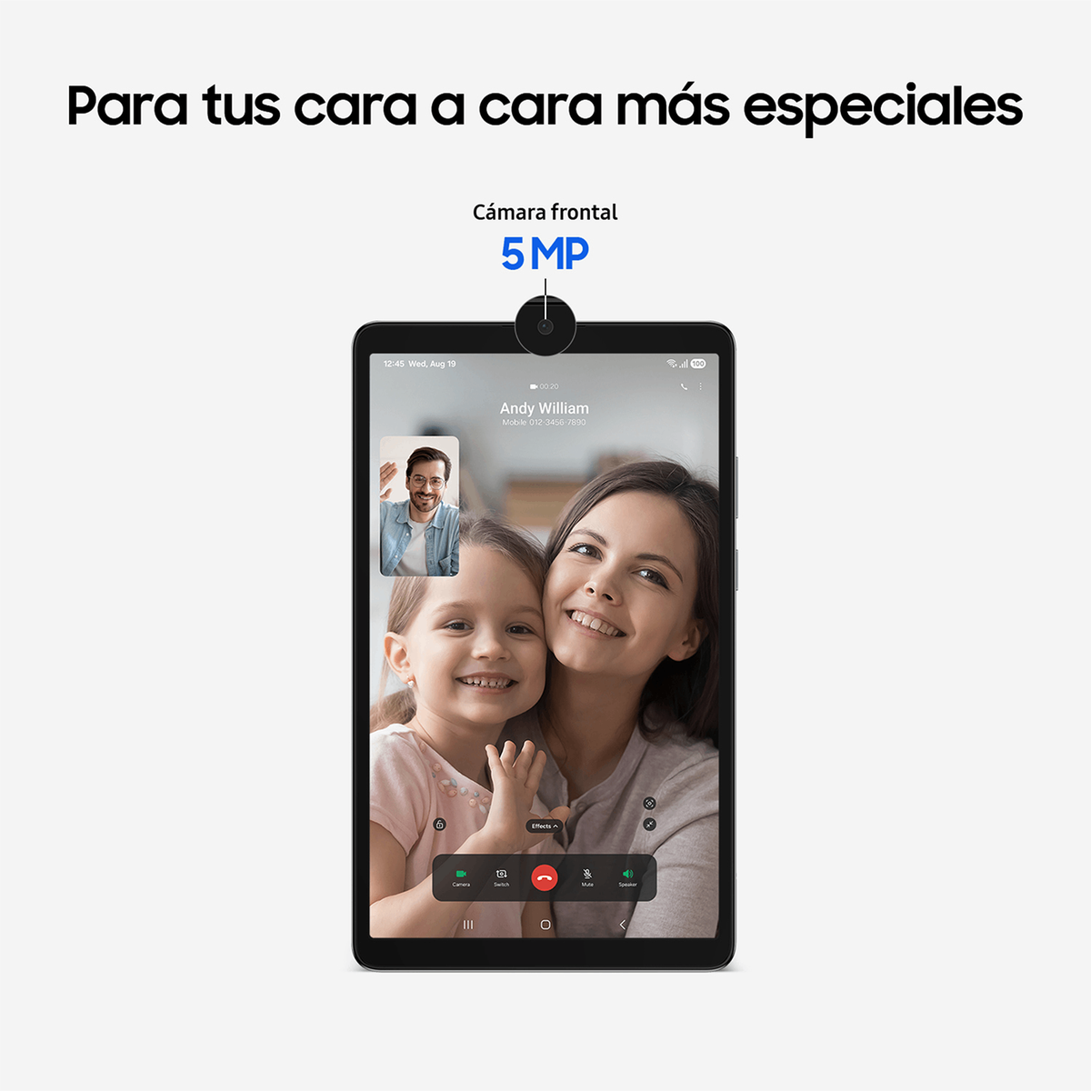 Una tableta muestra una videollamada con un hombre, una mujer y una niña. La tableta tiene una cámara frontal de 5MP. Texto: 'Para tus cara a cara más especiales'.