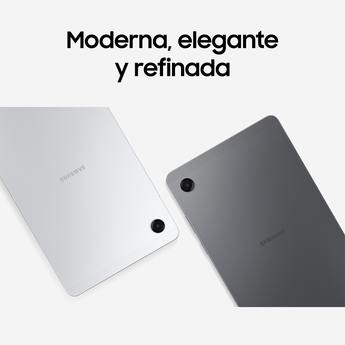 Dos tablets, plateado y gris, sobre una superficie blanca. El texto superior dice: 'Moderno, elegante y refinado'.