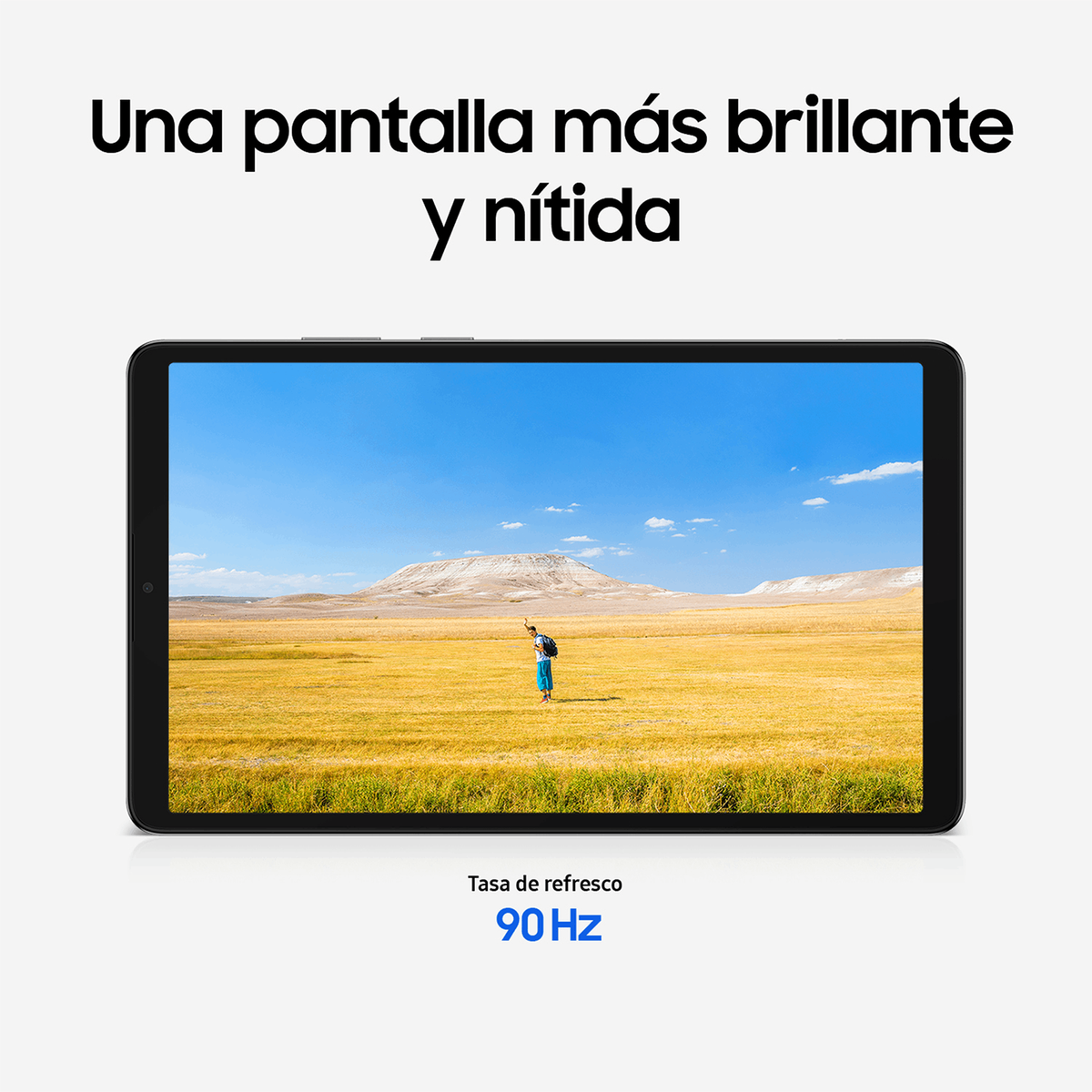 Pantalla de tableta que muestra a una persona en un campo con una montaña a lo lejos bajo un cielo azul. El texto dice 'Una pantalla más brillante y nítida'.