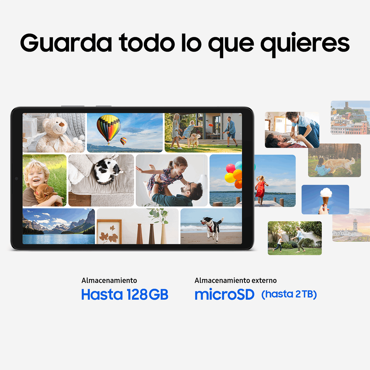 Pantalla de tableta con fotos de familia y naturaleza. Texto: Guarda todo lo que quieres. Info almacenamiento: Hasta 128GB, microSD (hasta 2TB).